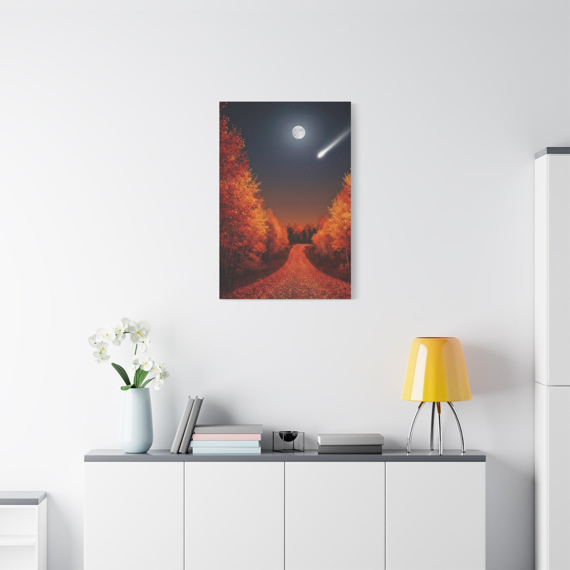 Canvas wall art of autumn forest road under a moonlit sky with shooting star and fall foliage