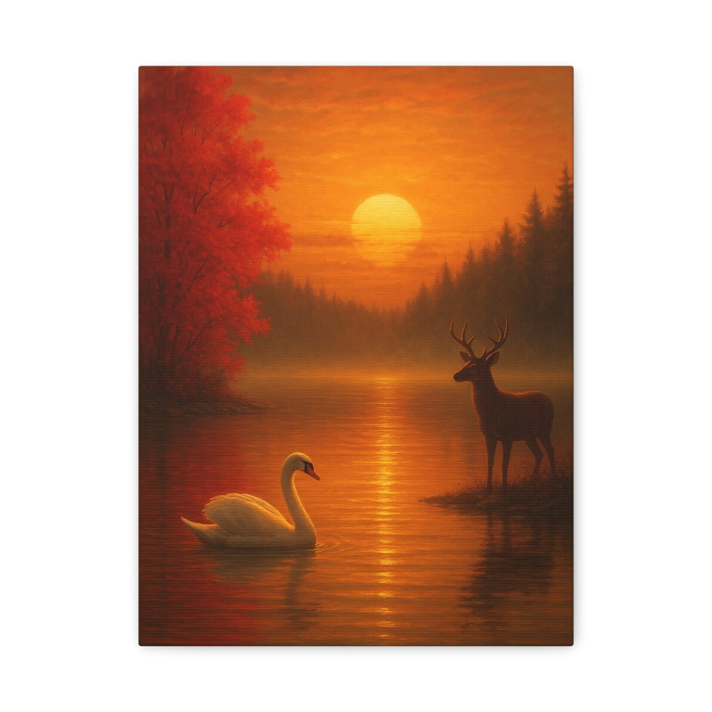 Dusk on the Autumn Lake Sunset canvas art featuring a swan on reflective water and a deer by pine forest under orange-red sunset sky