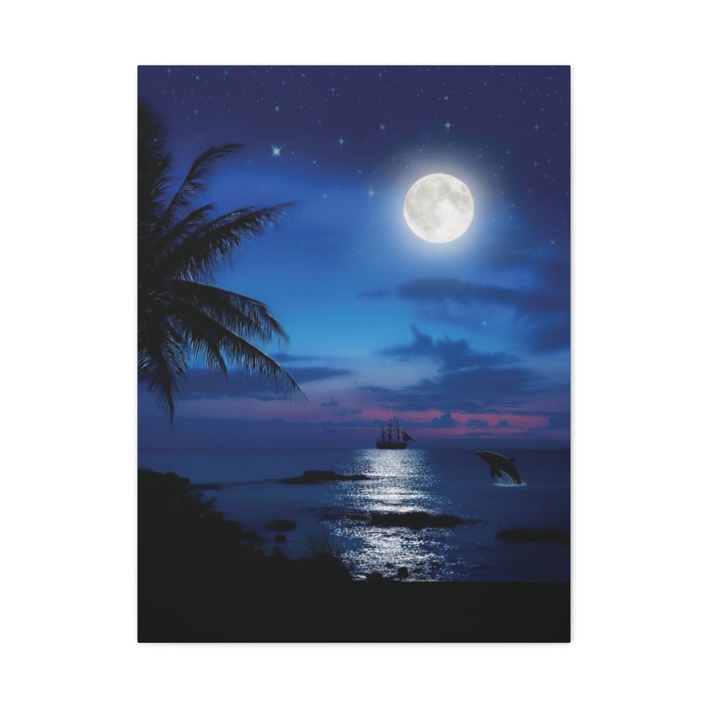 Blue Sky Moon lit Tropical Escape Canvas Wall Art