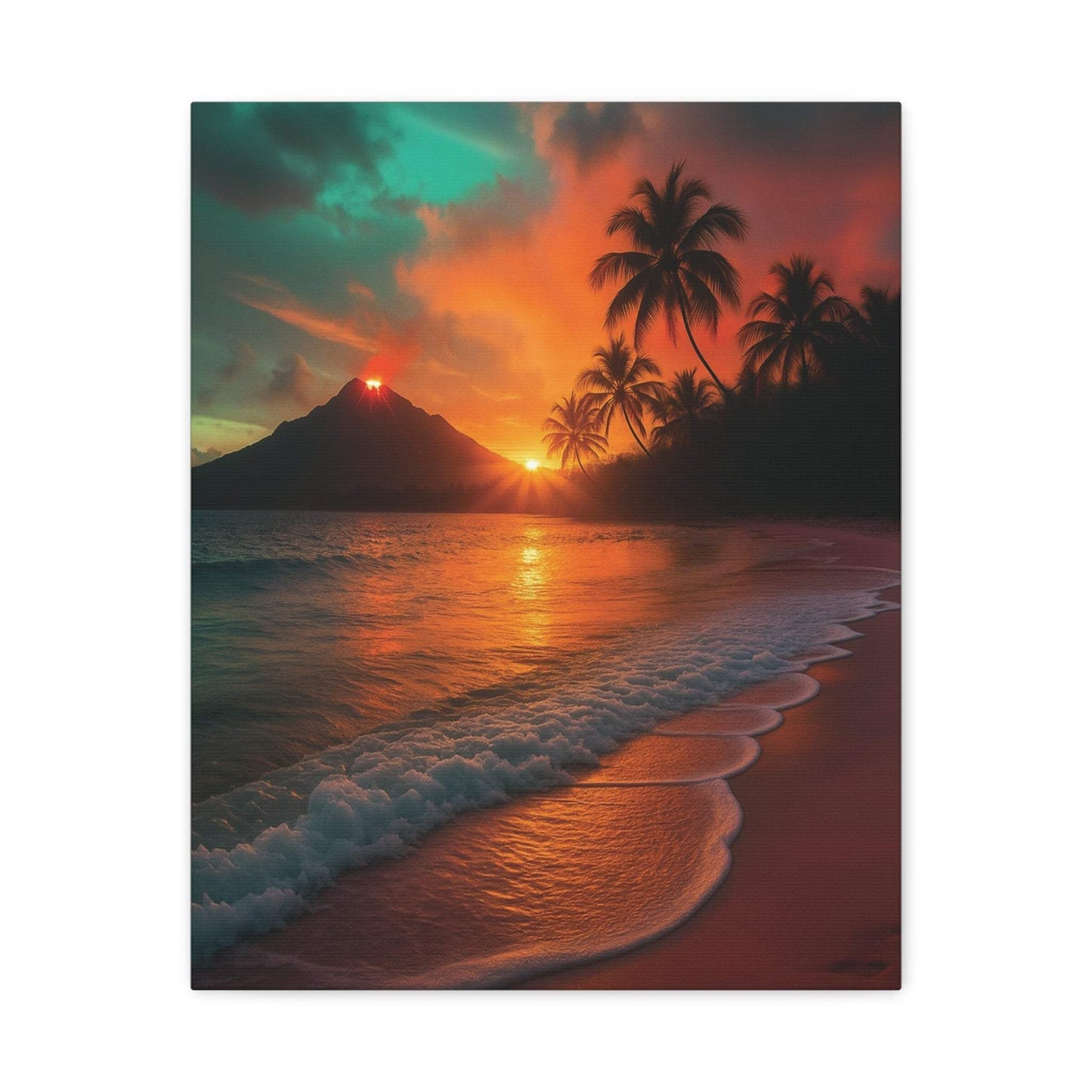 Canvas wall art featuring a serene sunrise over an ocean with flowing red lava and palm trees.