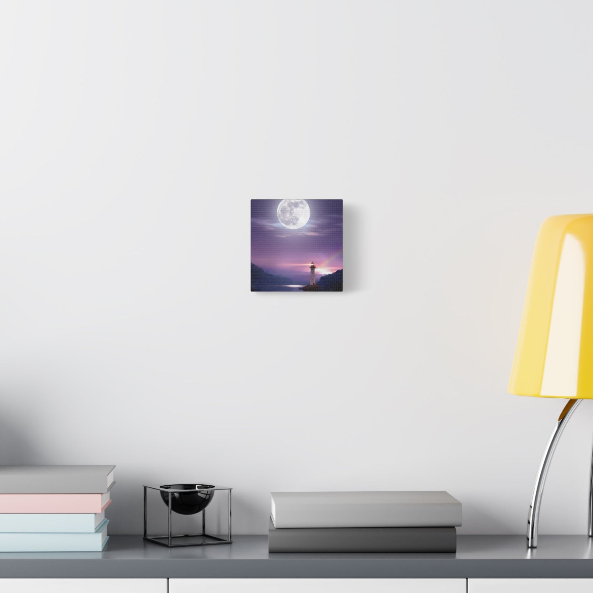 Canvas wall art featuring a serene lighthouse under a full moon reflected on a calm lake with violet and indigo tones.