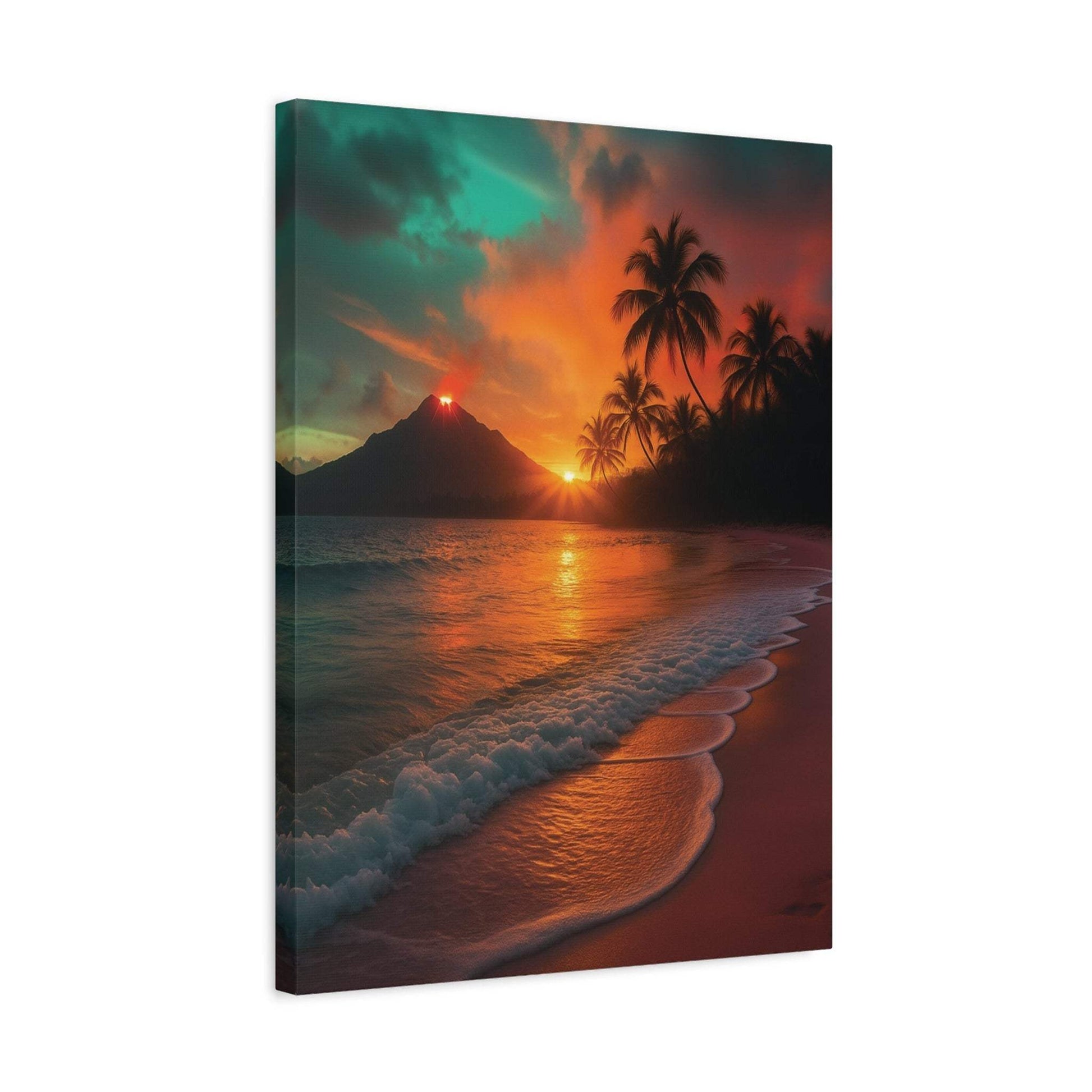 Canvas wall art of red lava flow with sunrise over ocean and palm trees at peaceful beach