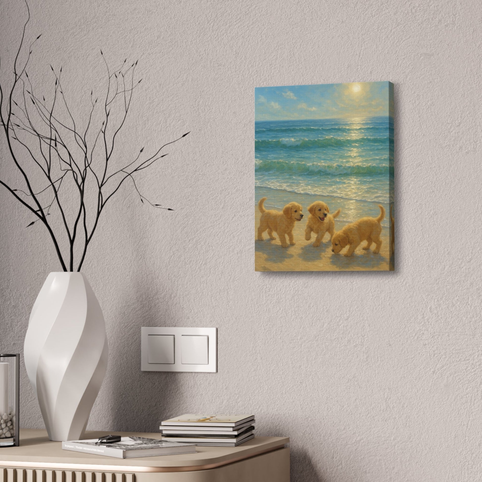Abstract canvas print of golden retriever puppies playing on sunlit beach with turquoise waves and warm sunlight