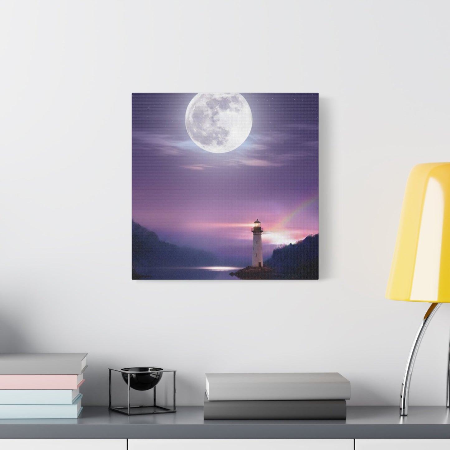 Canvas wall art featuring a serene lighthouse under a full moon with violet and indigo tones reflecting on a calm lake