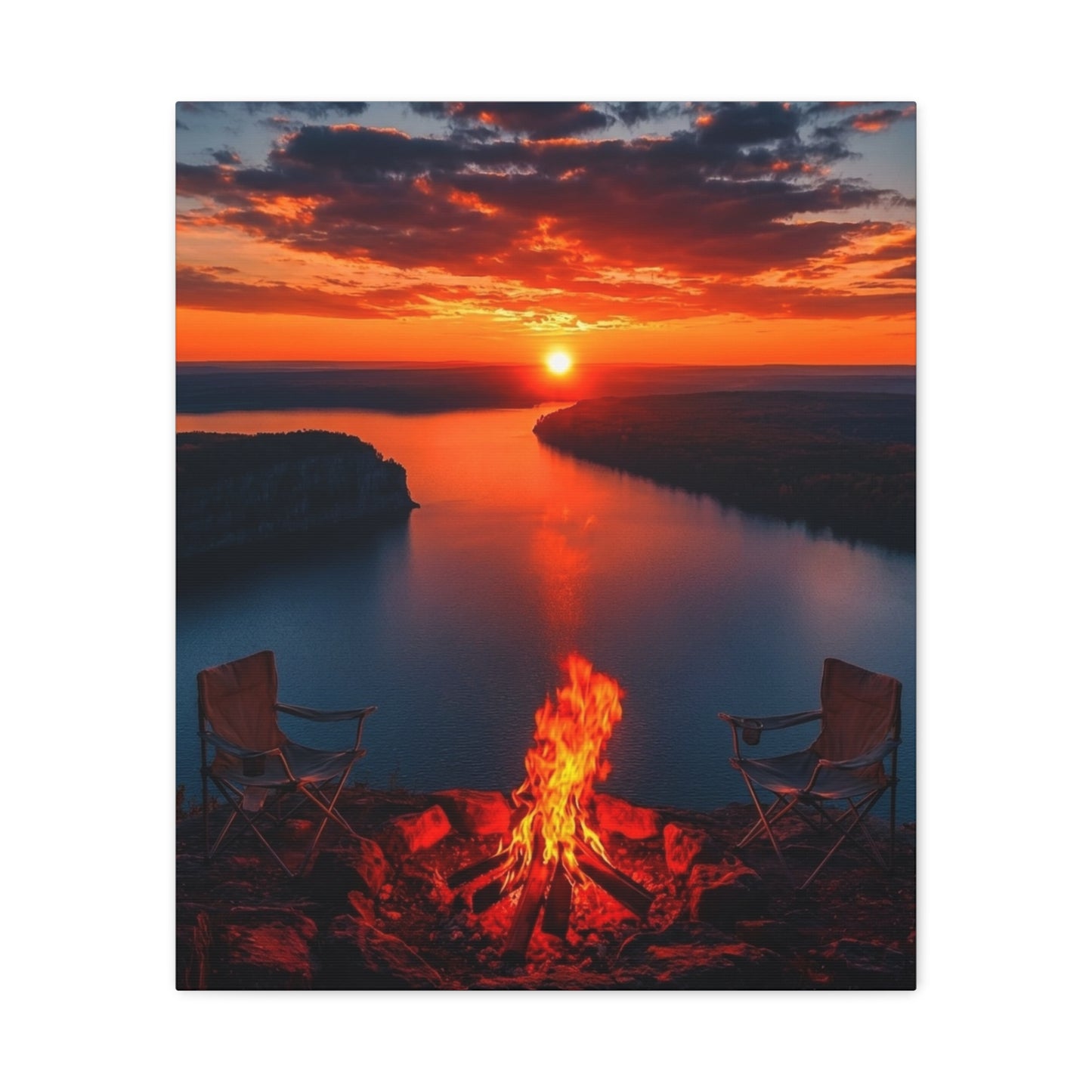 Red Sunset River Canvas — Relaxing by Fire Matte Stretched Wall Art