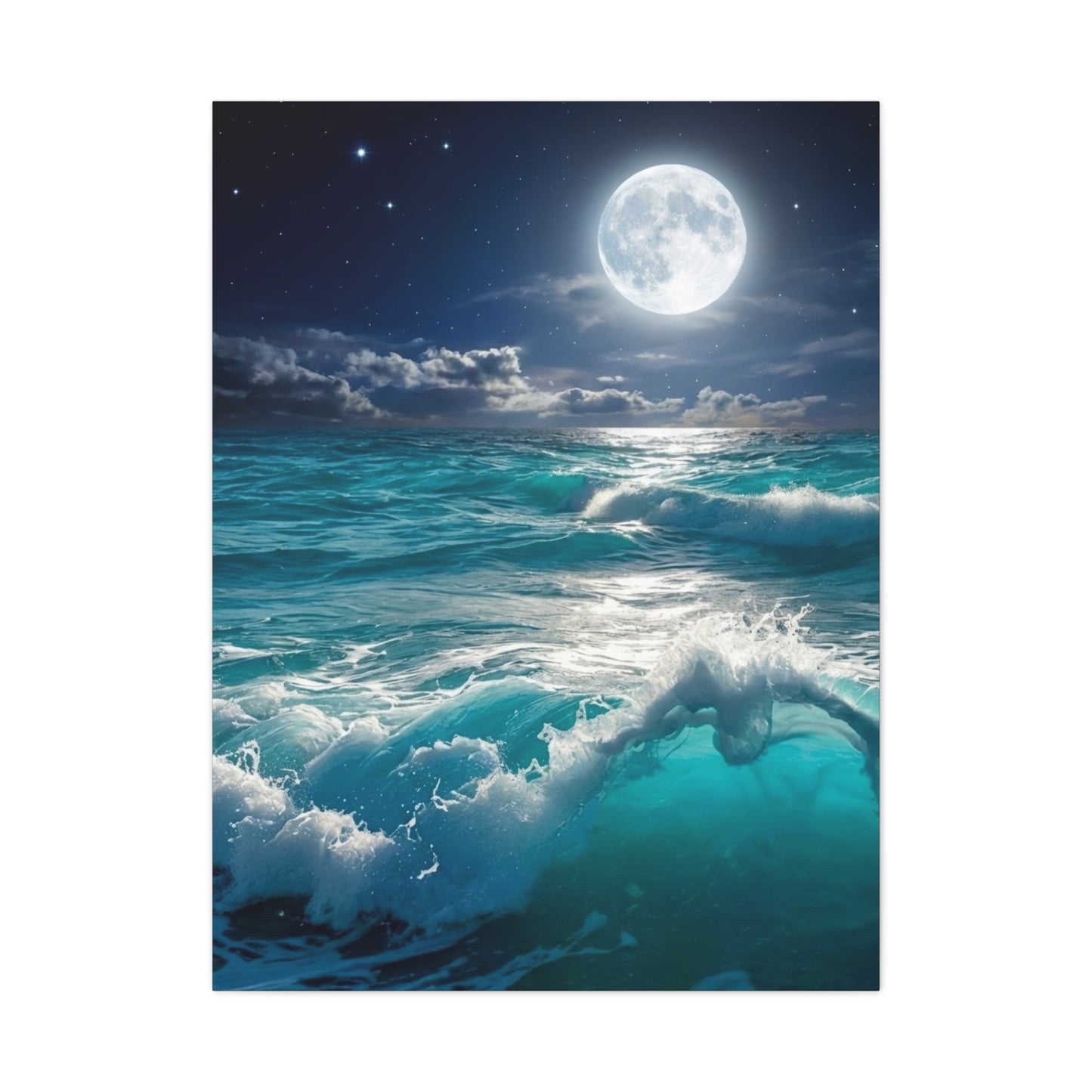 Tranquil Ocean Moonlight Canvas - Calming Blue Waves Wall Art for Bedroom