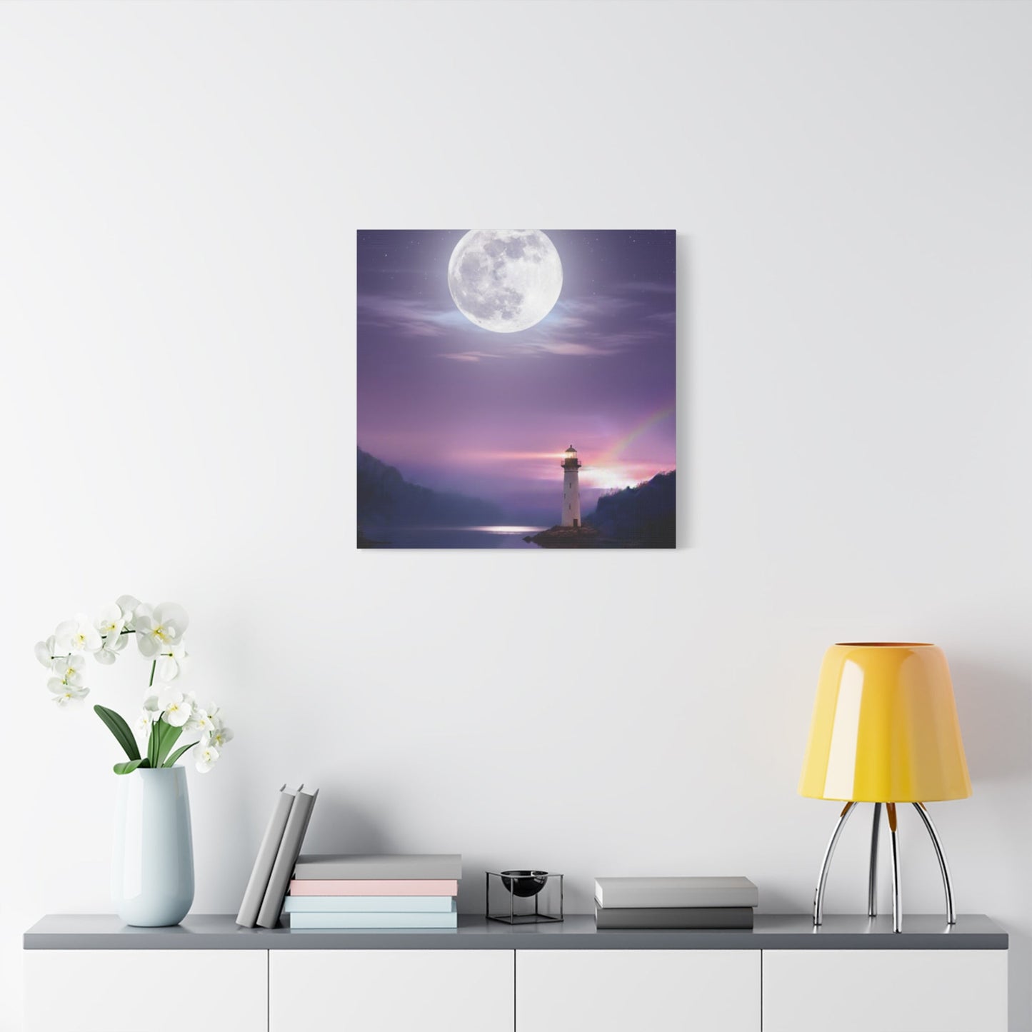 Canvas wall art featuring a serene lighthouse under a full moon with violet and indigo tones reflecting on a calm lake