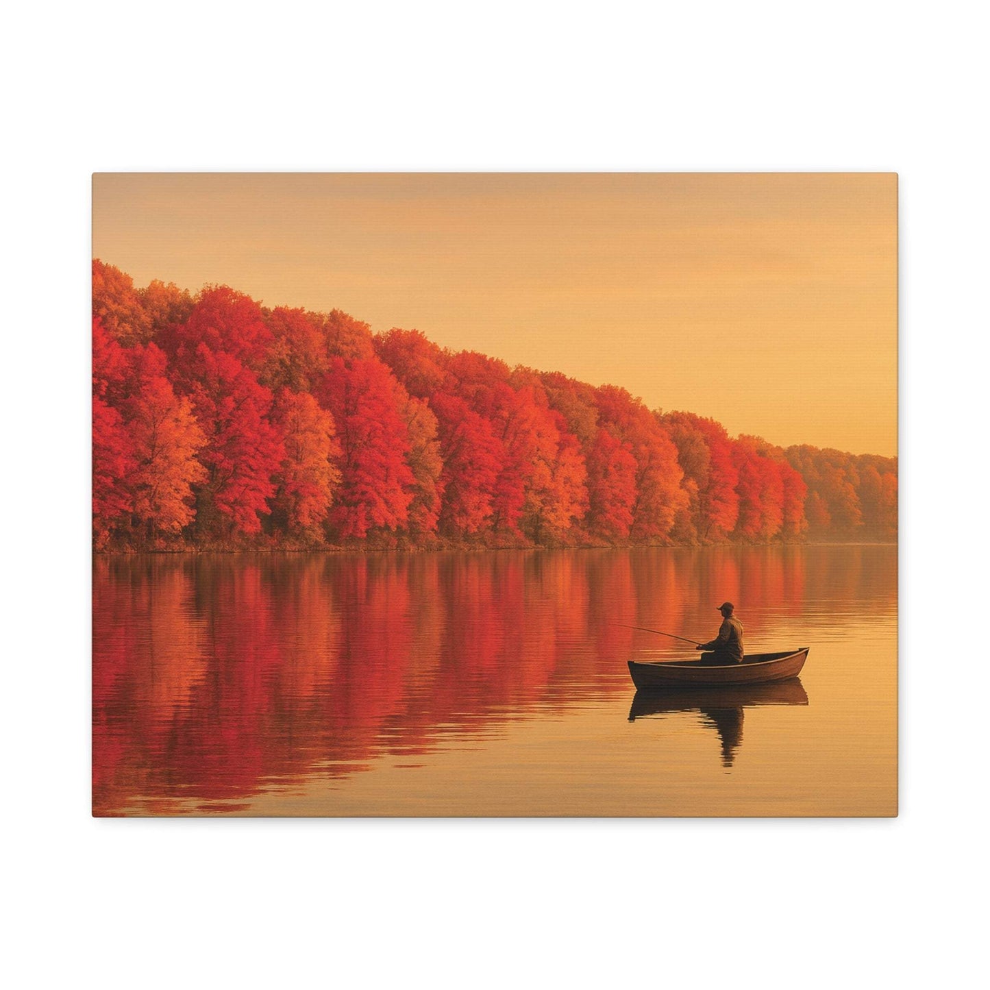 Wall art canvas of autumn foliage with person fishing on a calm clear lake at sunset