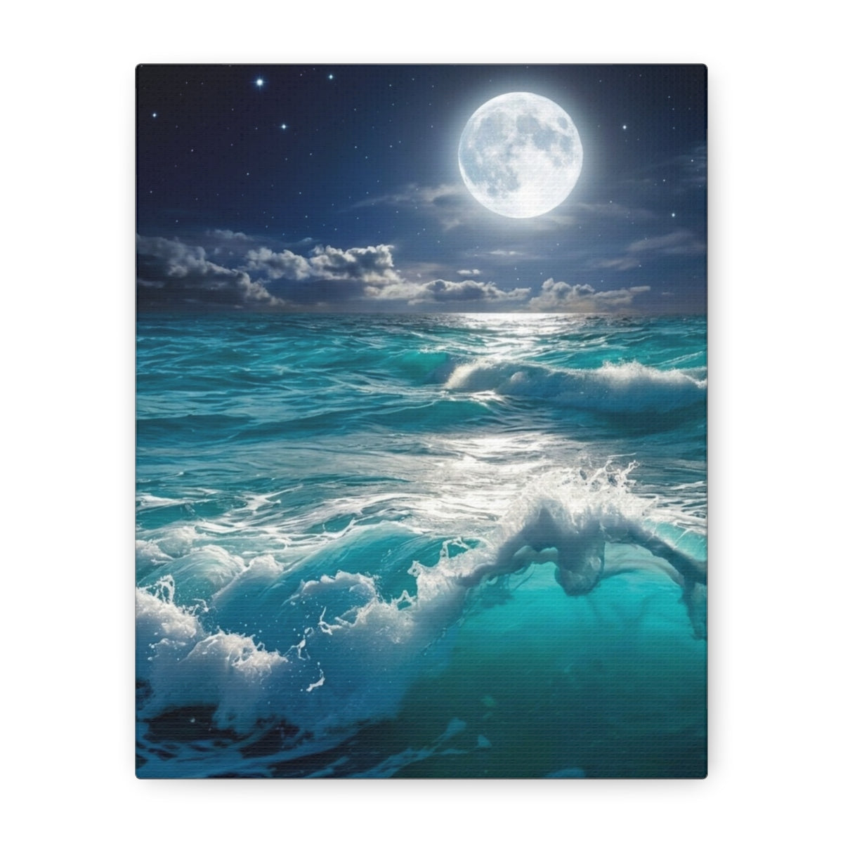 Full Moon Over Blue Ocean Waves Matte Canvas — Stretched 1.25"