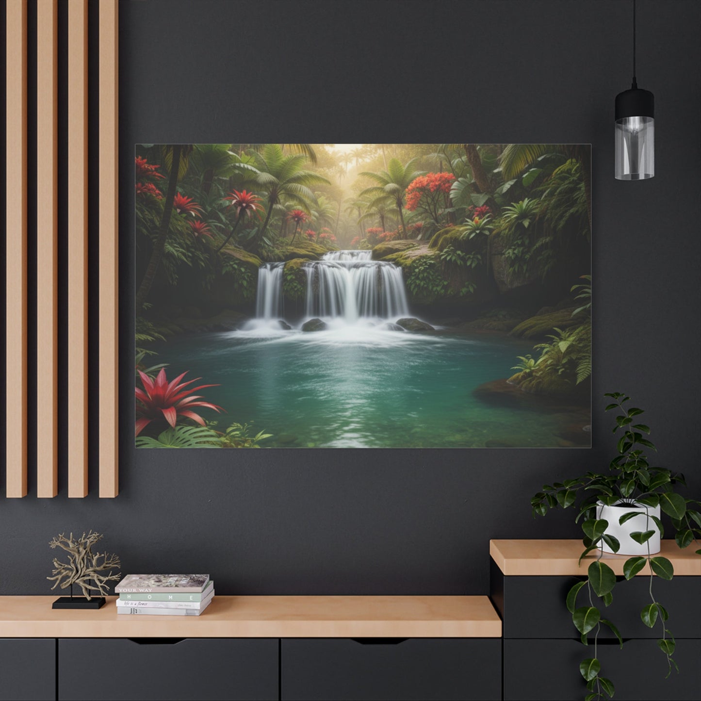 Canvas wall art of tropical waterfall with lush greenery and vibrant flowers in modern living room
