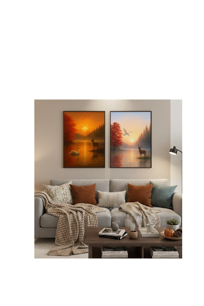 Dusk on the Autumn Lake Sunset canvas wall art featuring swan, deer, and vibrant autumn colors in a living room setting