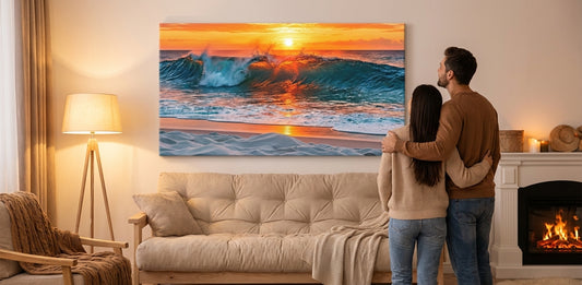 Sunset Wave Beach Canvas Print — Stretched Matte Seascape Wall Art