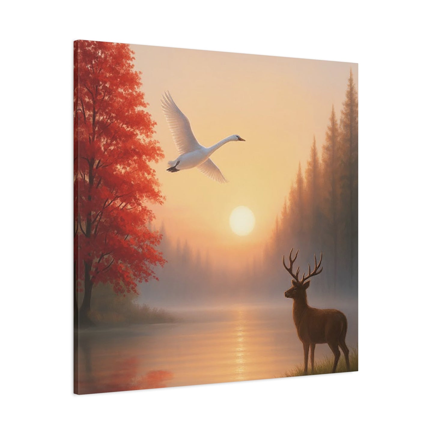 Wall art stretched canvas depicting dawn sunrise with a swan, deer, and misty lake scene