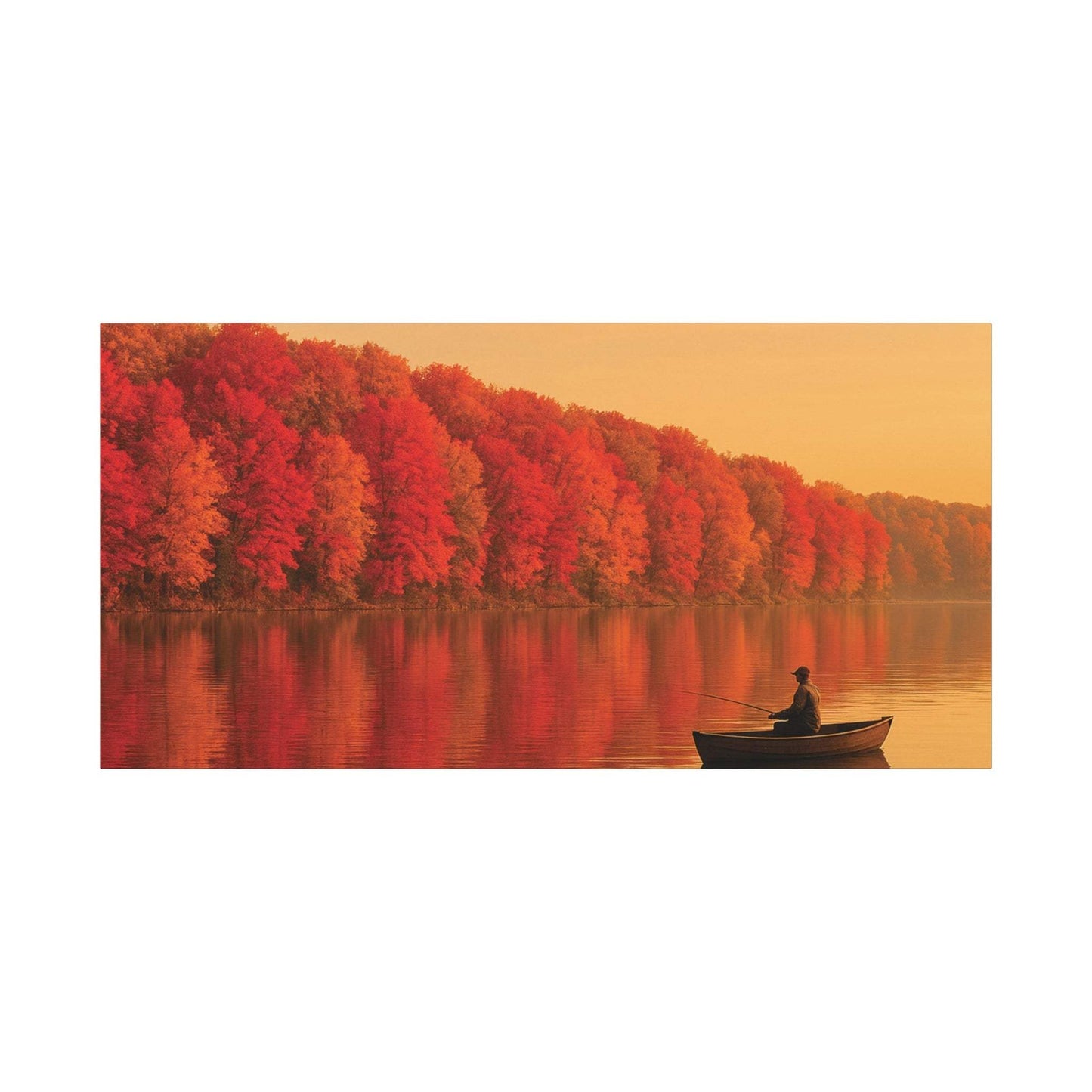 Wall art canvas of autumn foliage and lone fisherman on a calm lake at sunset