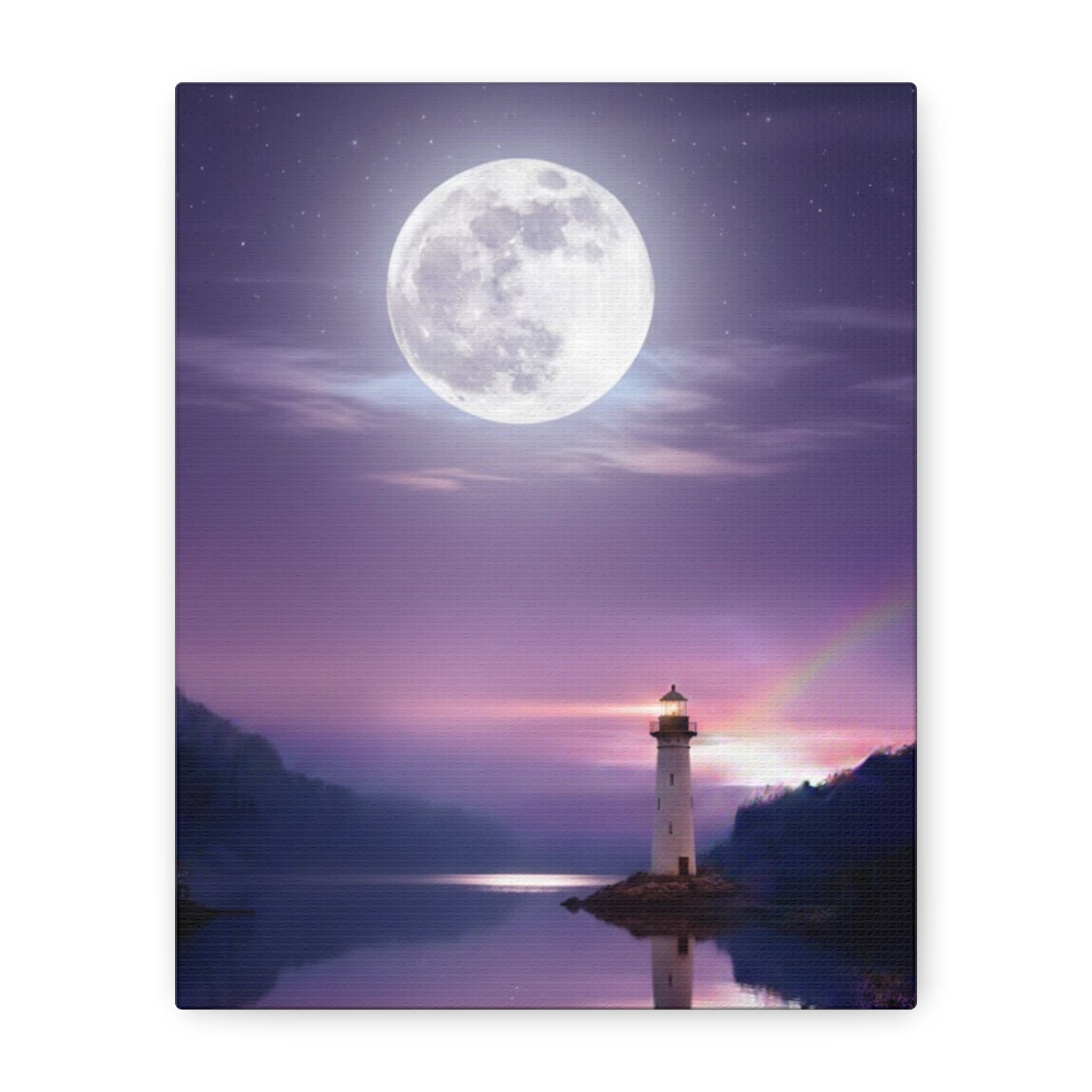 Canvas wall art featuring a full moon and lighthouse reflected on a calm lake in violet and indigo tones.