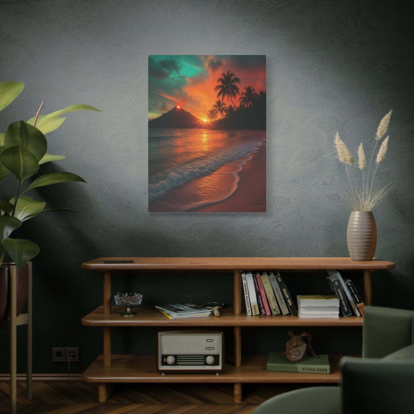 Canvas wall art featuring red lava and sunrise reflecting on ocean with palm trees in a peaceful nature scene.