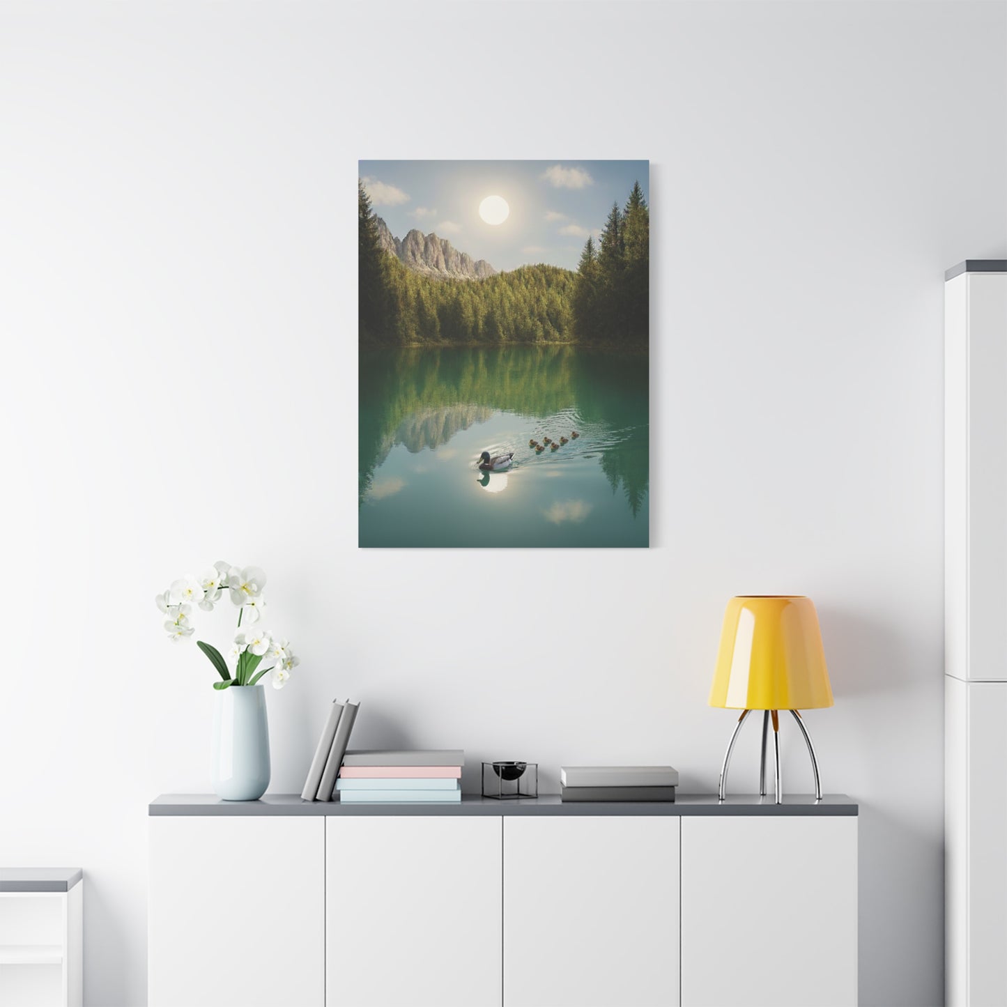 Family of Ducks Swimming in Turquoise Lake Canvas Wall art print
