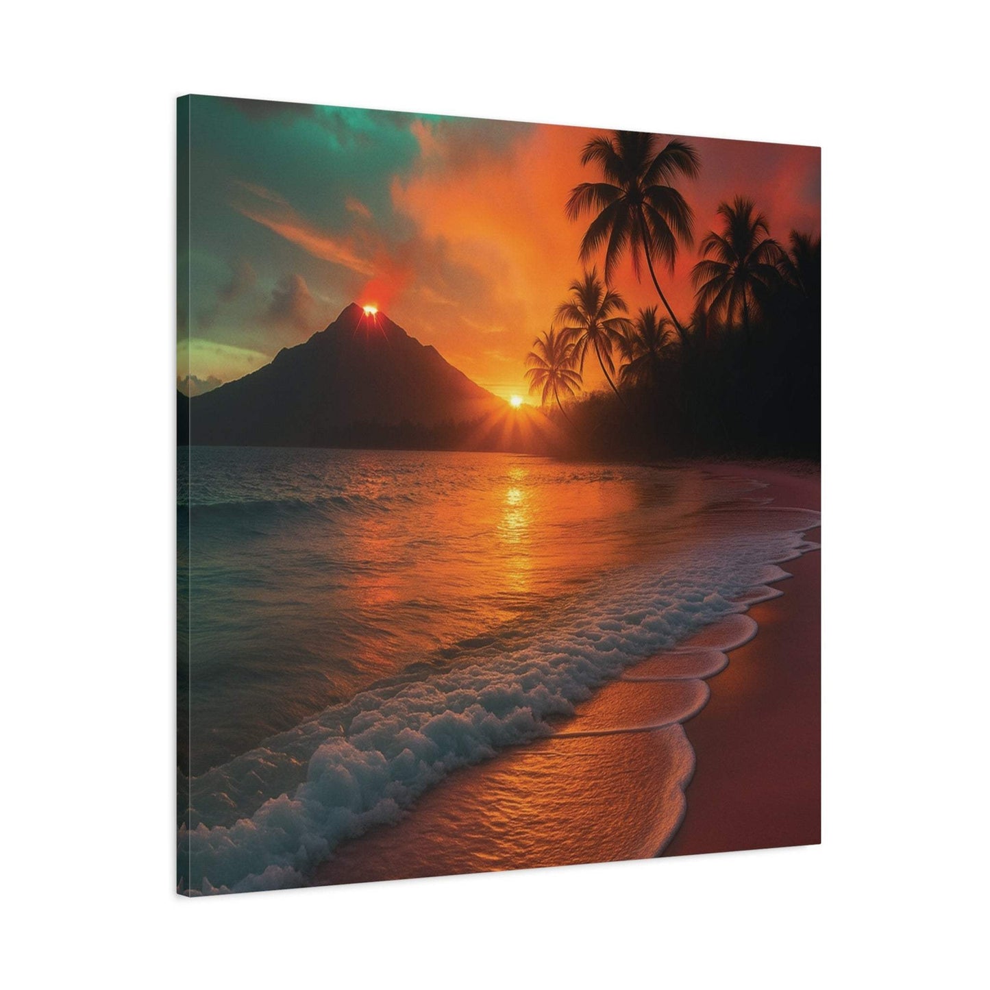 Canvas wall art of sunrise reflecting off ocean with red lava flow and palm trees on beach