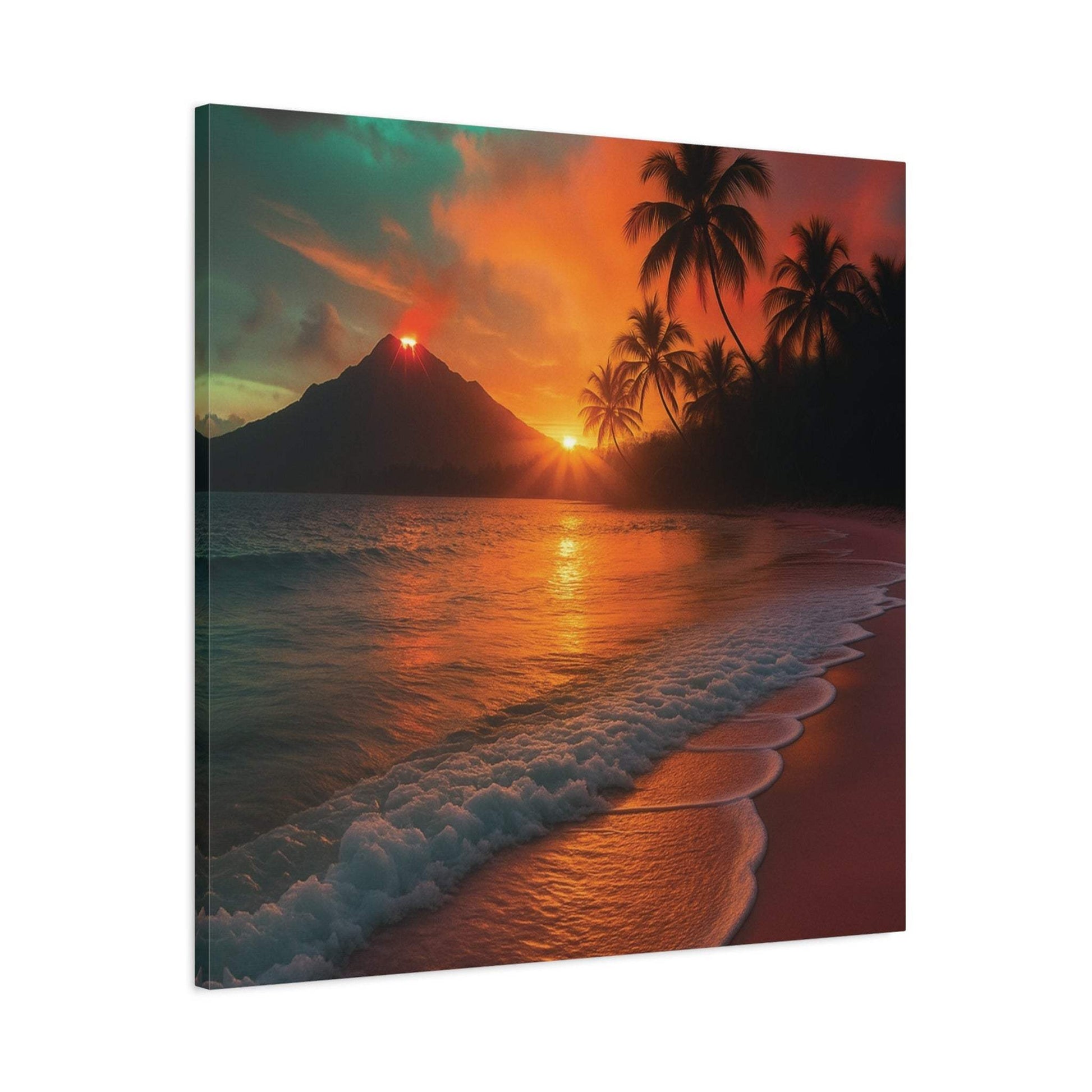 Canvas wall art of sunrise reflecting off ocean with red lava flow and palm trees on beach