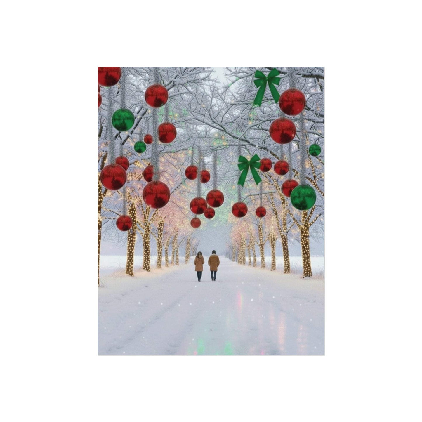 Couple walking under decorated trees with winter Christmas lights and ornaments in snowy landscape poster