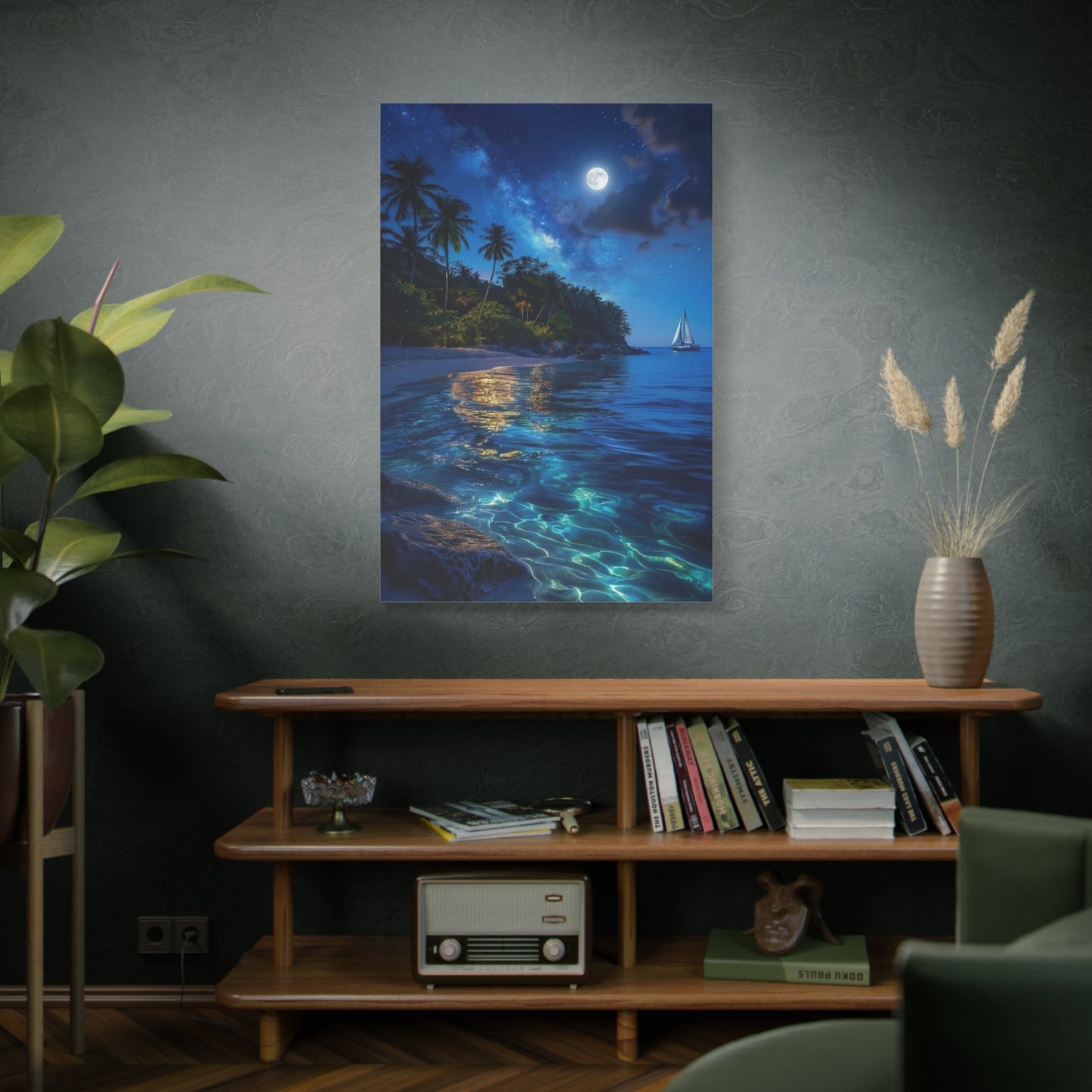Moonlit Tropical Beach Canvas Wall Art — Night Sail Ocean Landscape