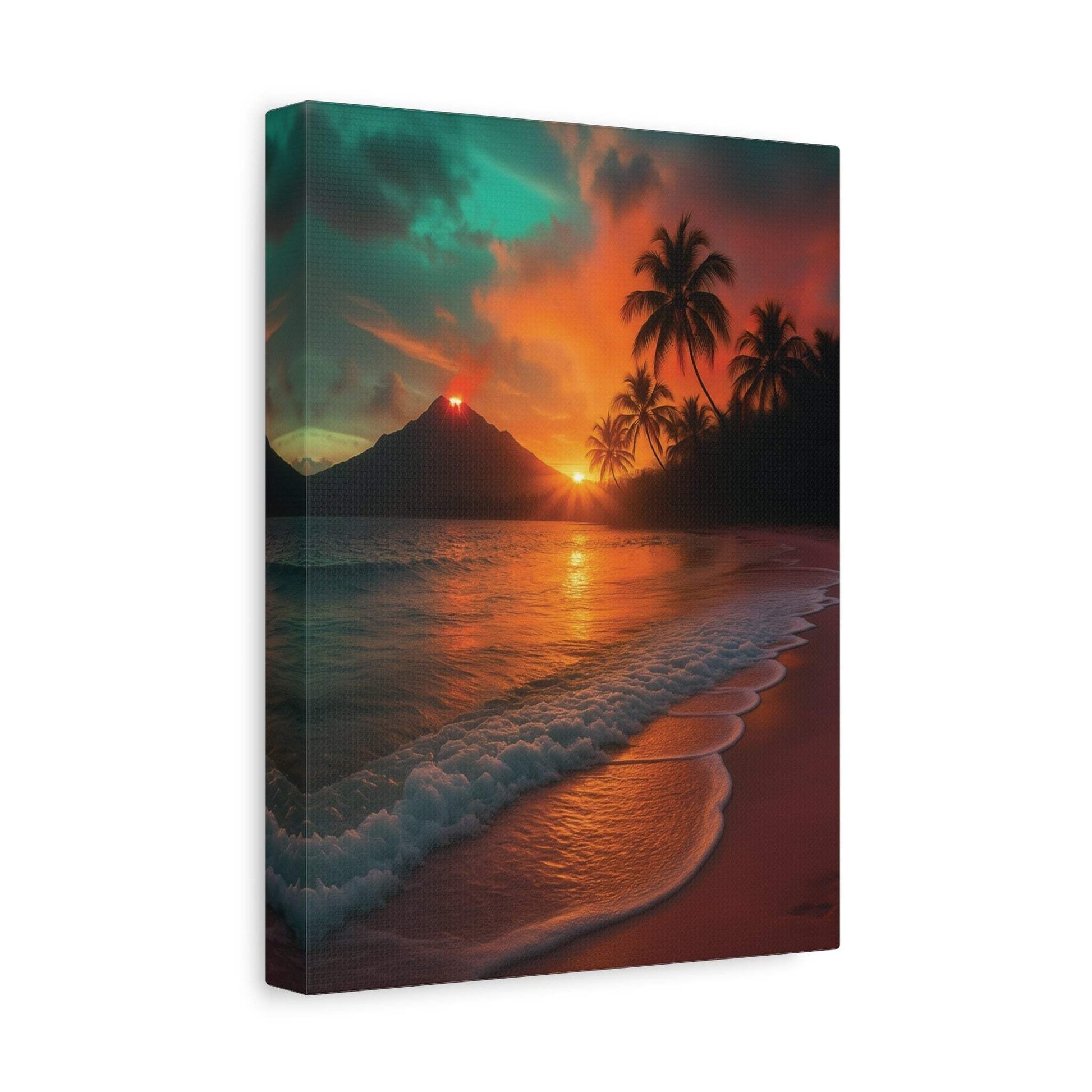 Canvas wall art of red lava flowing and sunrise over ocean with palm trees for nature lovers