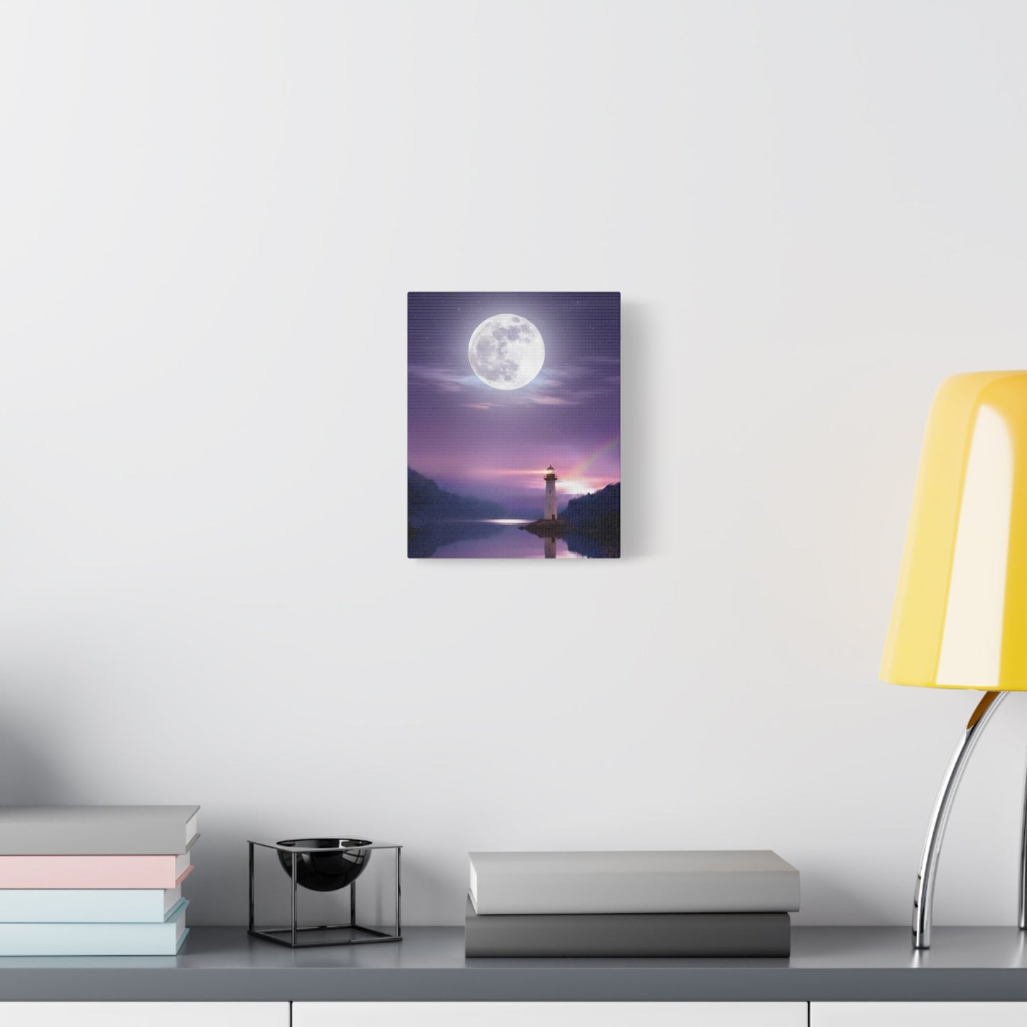 Canvas wall art of a lighthouse by a calm lake under a full moon in violet and indigo tones