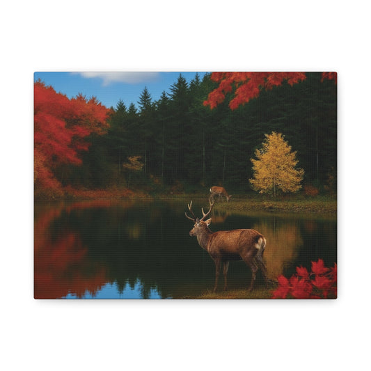 Autumn foliage and Deer by the lake Canvas wall art print