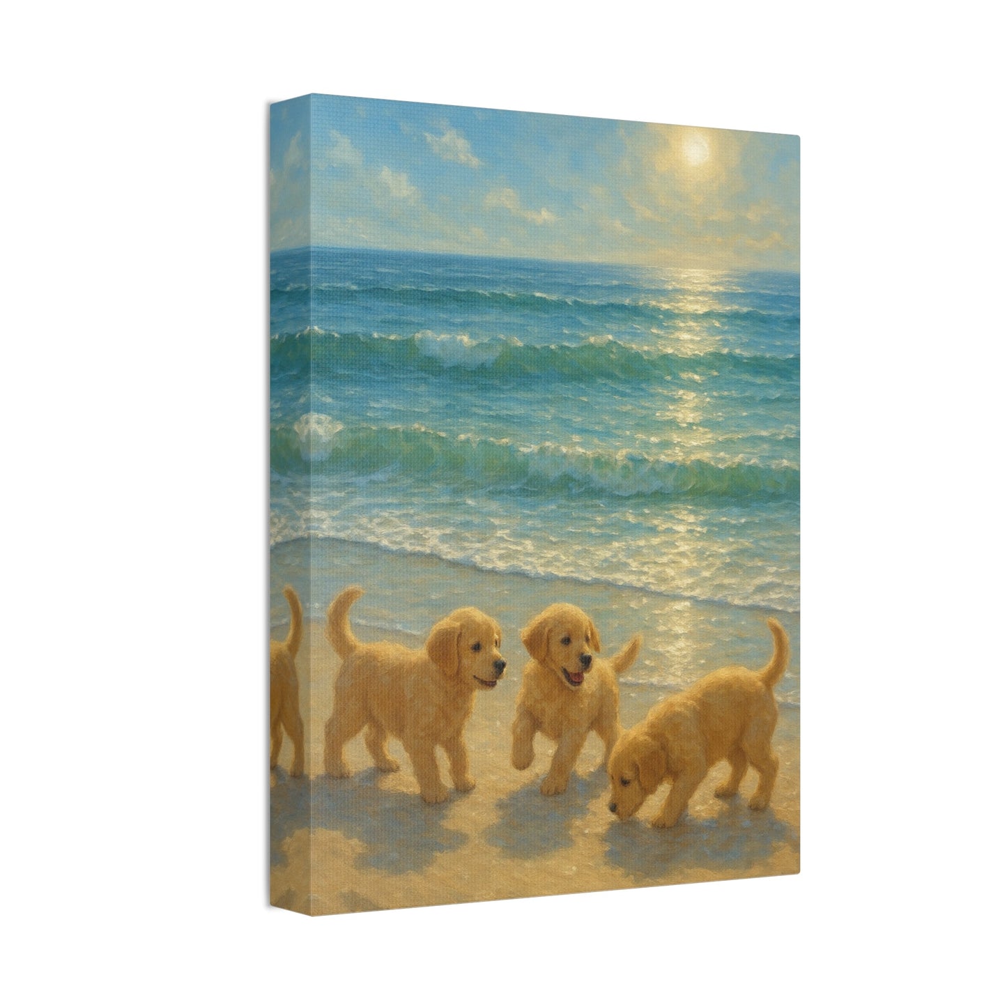 Abstract canvas wall art of three Golden Retriever puppies playing on a sunlit beach with turquoise waves and warm light reflection