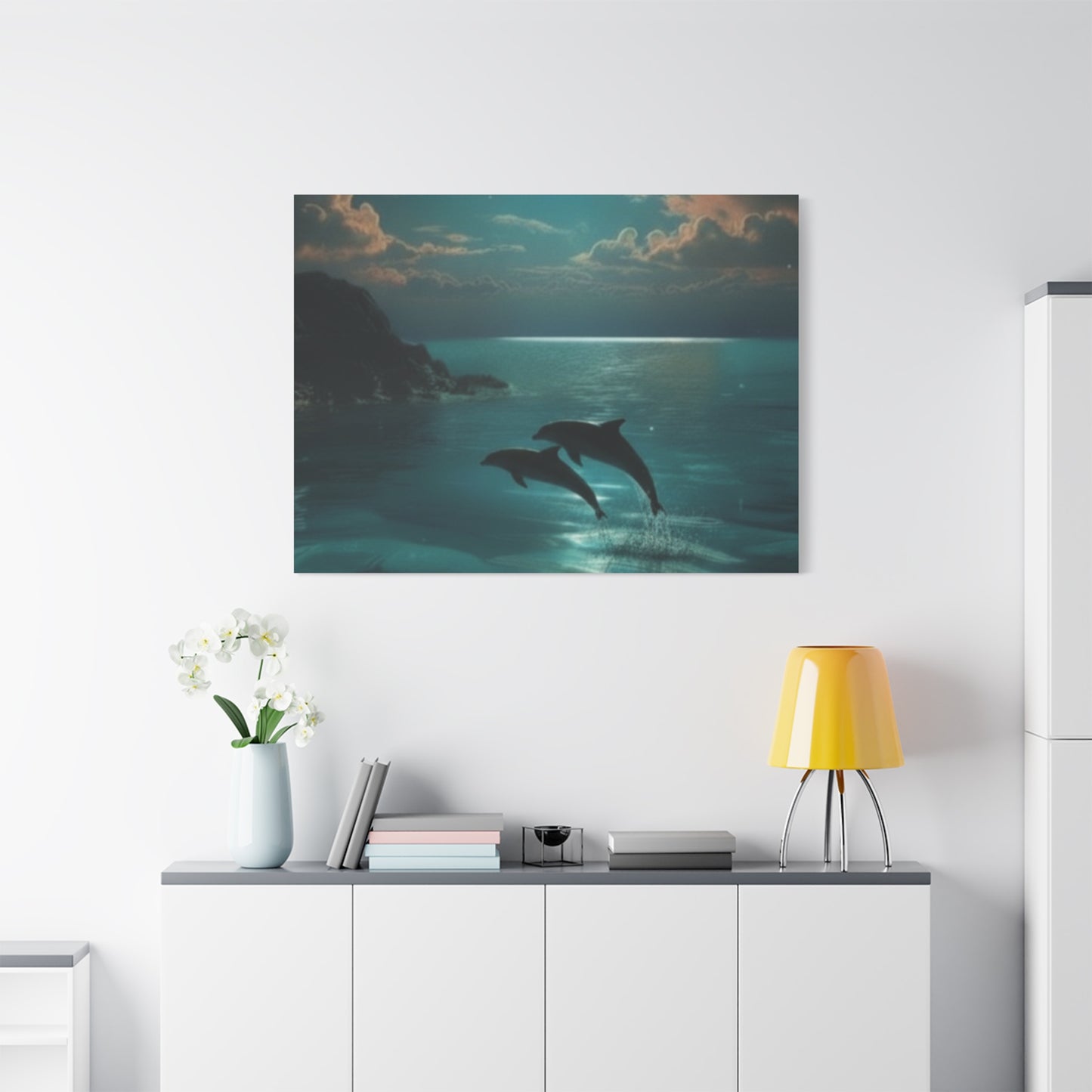 Dolphins in Turquoise Moonlit Ocean Canvas Wall Art