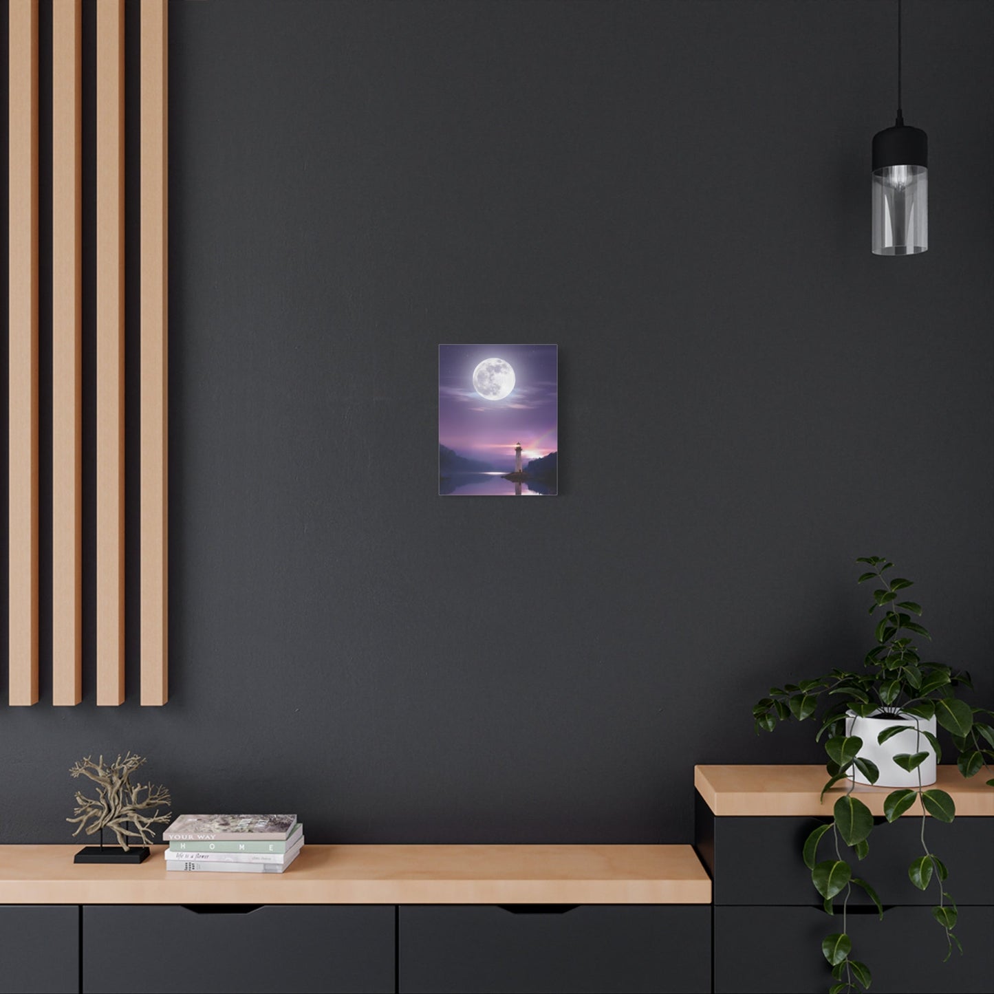 Canvas wall art depicting a serene full moon over a calm lake with lighthouse reflection in violet tones