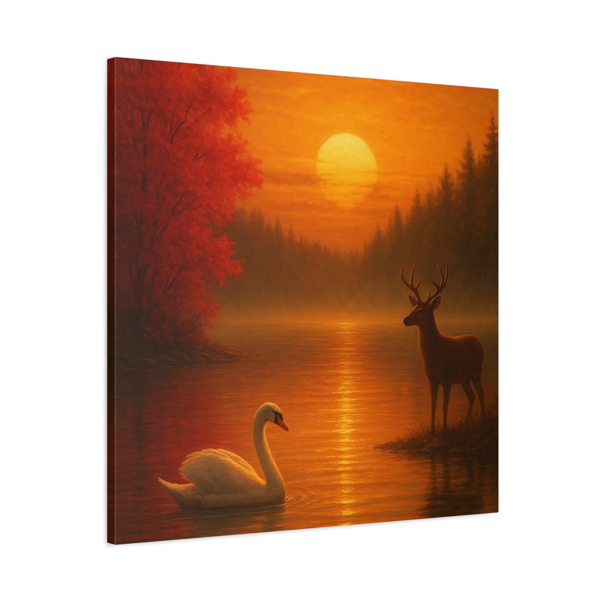 Dusk on the Autumn Lake Sunset canvas wall art with swan, deer, crimson maple trees, and fiery orange sunset over lake.