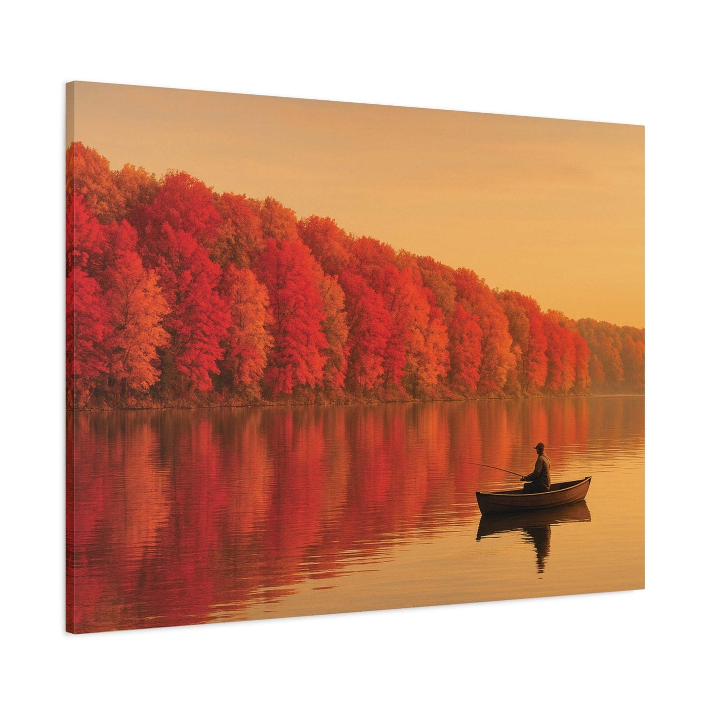 Wall art canvas featuring autumn foliage and a person fishing on a calm clear lake at sunset