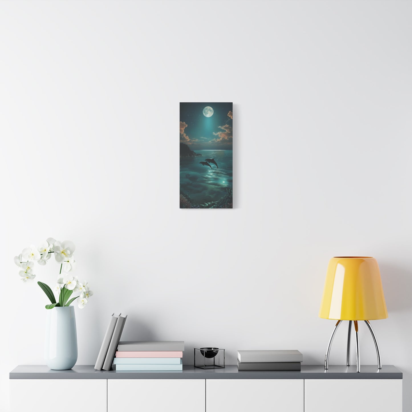 Dolphins in Turquoise Moonlit Ocean Canvas Wall Art