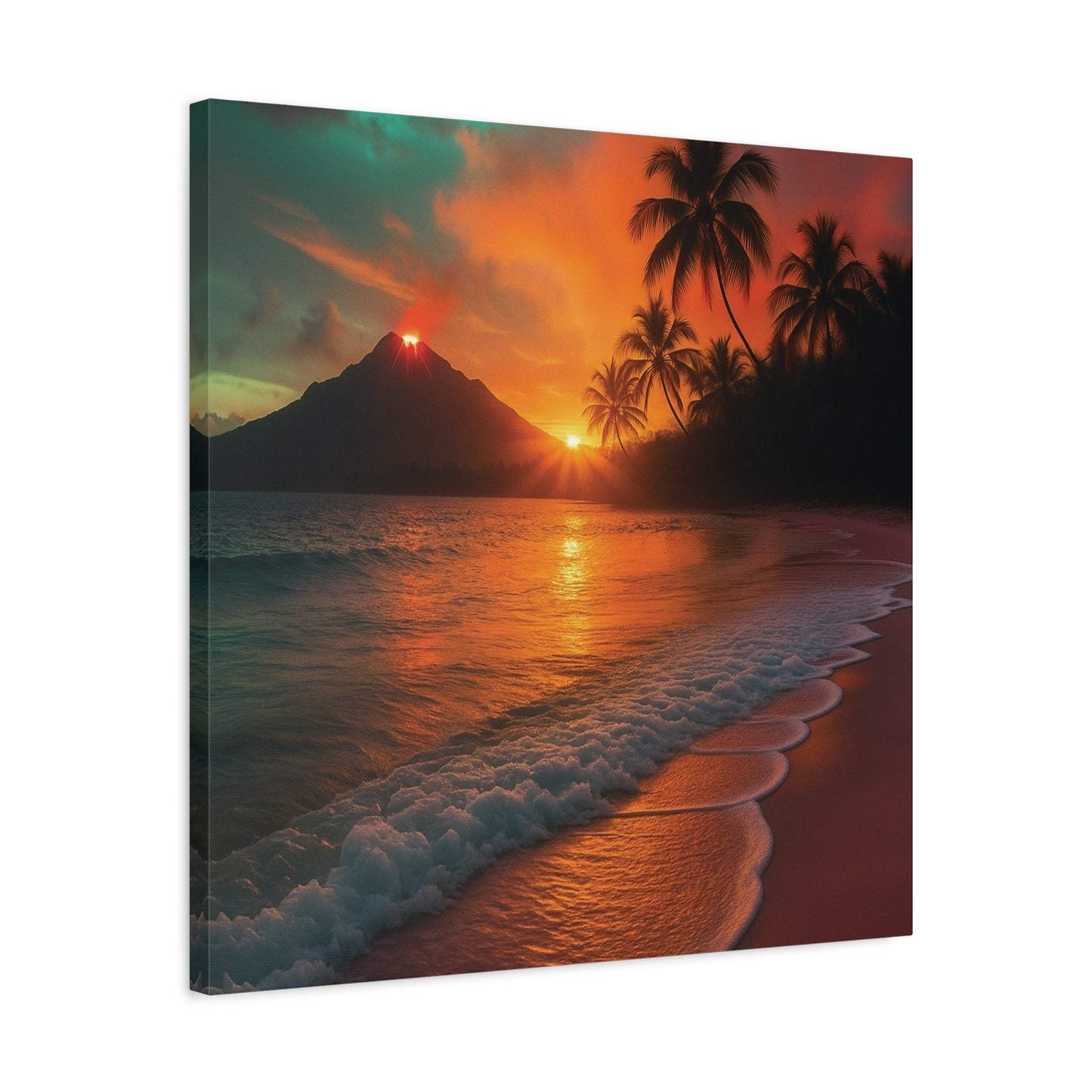 Canvas wall art of red lava flowing with sunrise reflecting on ocean and palm trees at beach