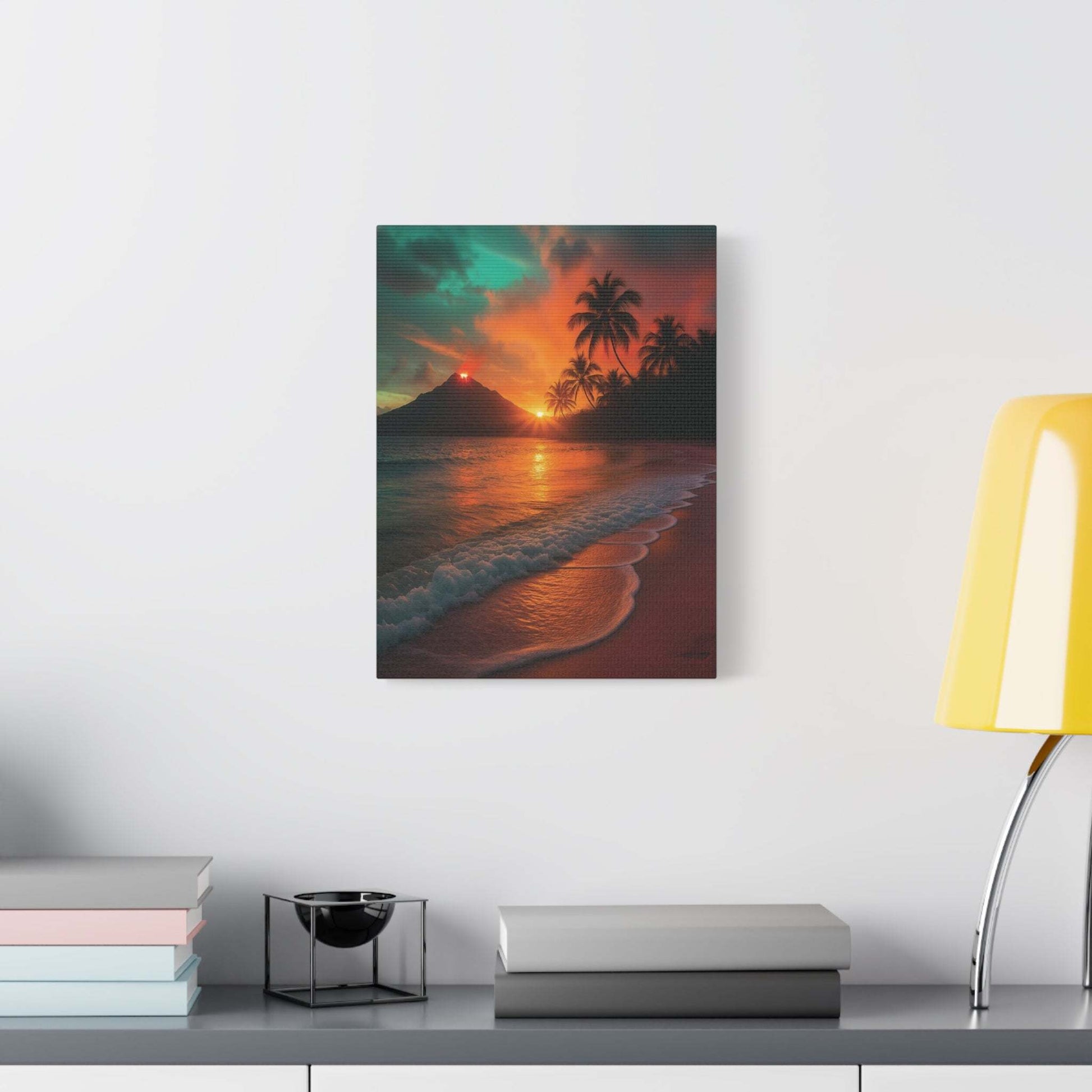 Canvas wall art of red lava flowing with sunrise over ocean and palm trees, nature landscape print for home decor