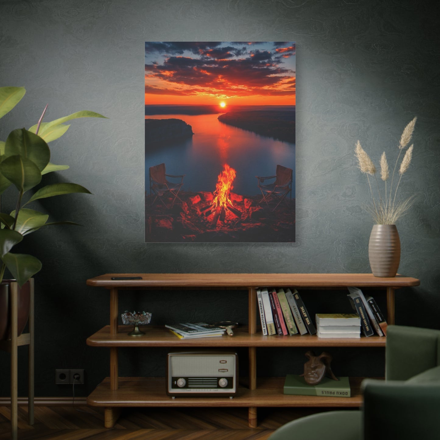 Red Sunset River Canvas — Relaxing by Fire Matte Stretched Wall Art