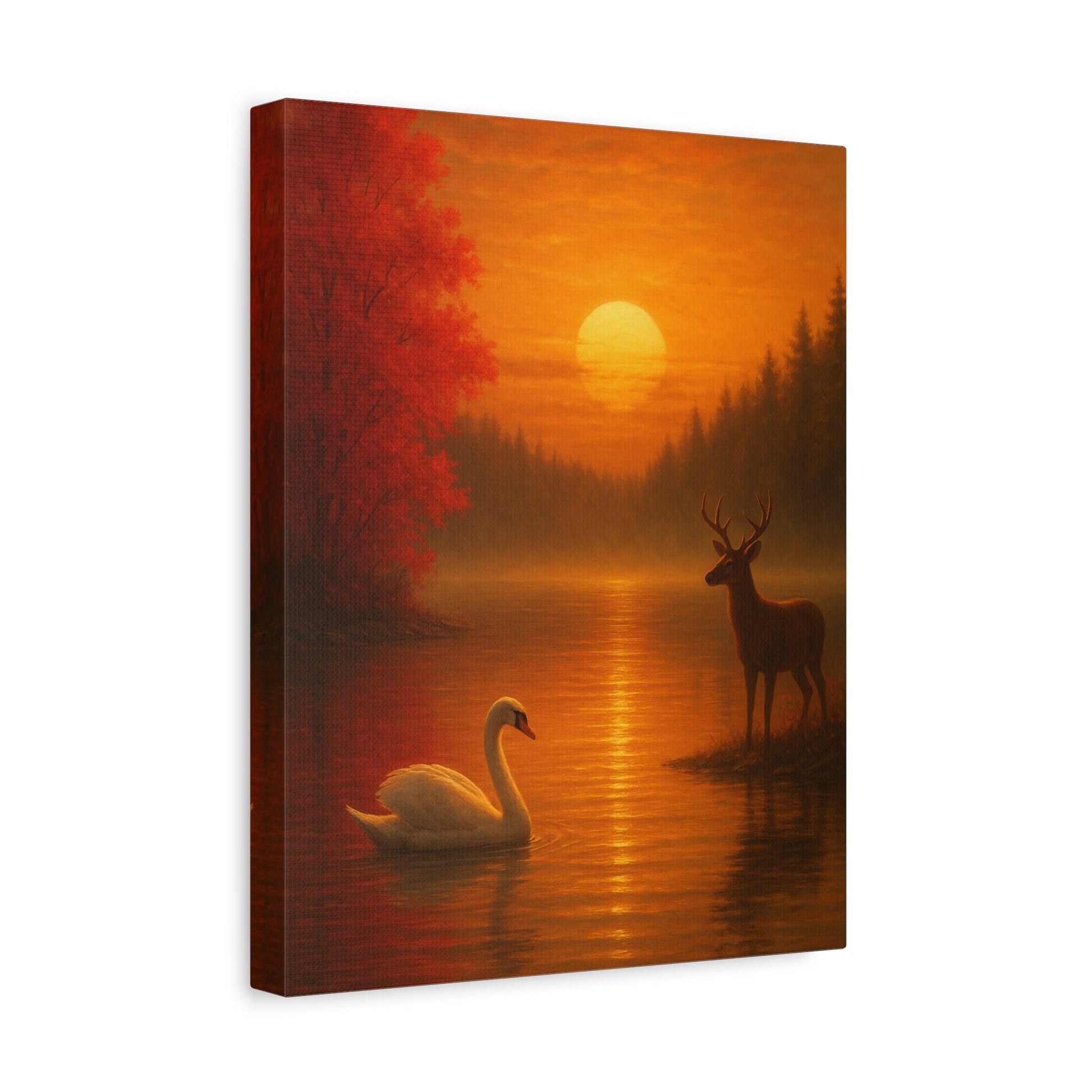 Dusk on the Autumn Lake Sunset canvas wall art featuring a swan, deer, and fiery sunset over a reflective lake with crimson maple leaves.