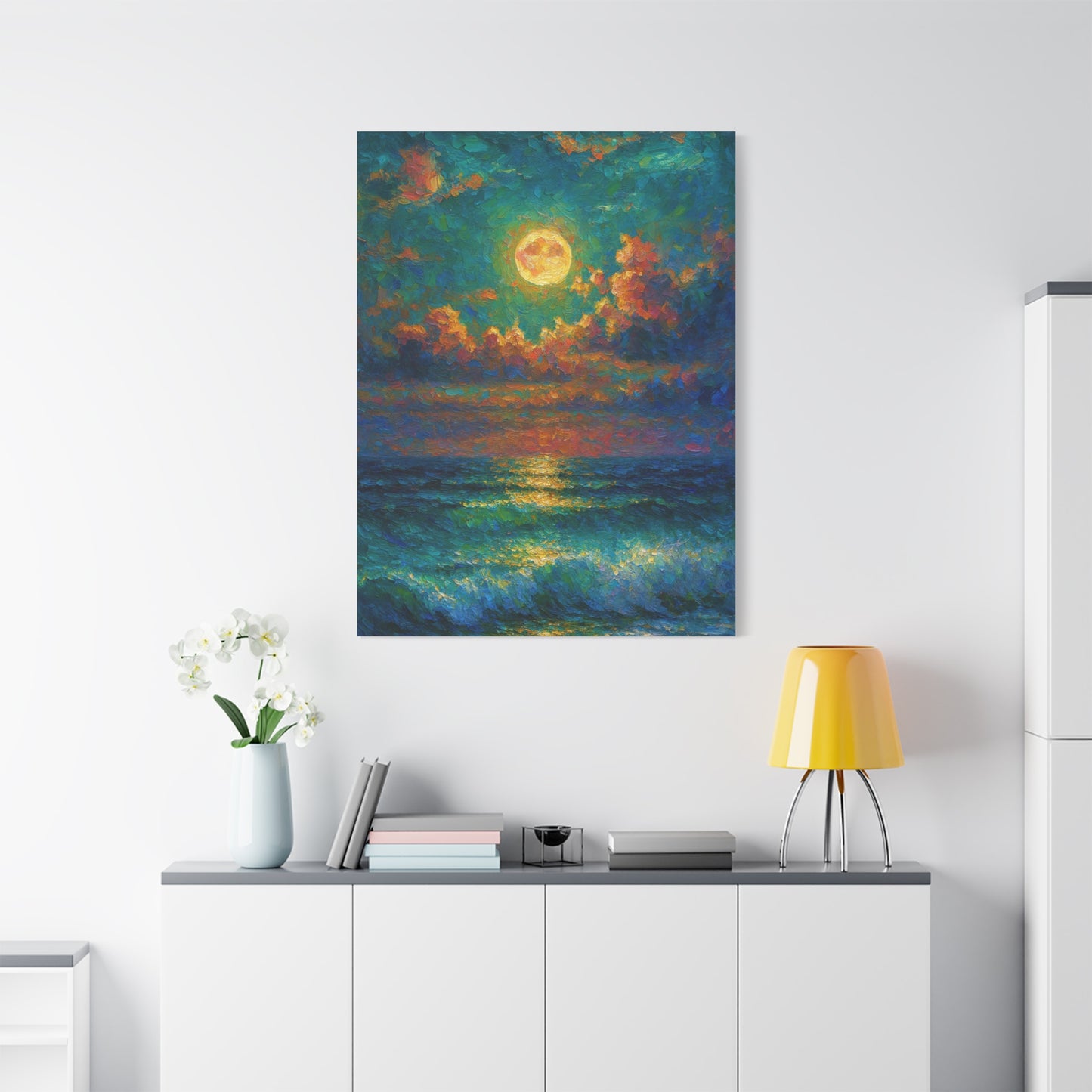 Calming Coastal Sunset Canvas - Peaceful Ocean Moonlight Wall Art for Bedroom