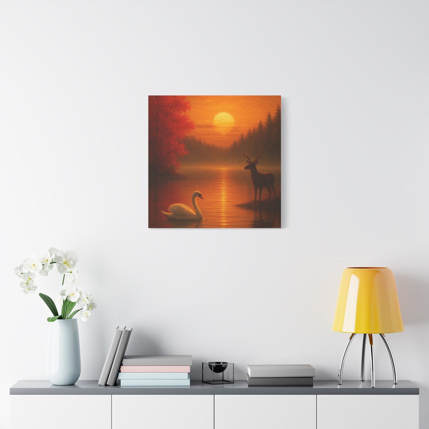 Dusk on the Autumn Lake Sunset canvas wall art with swan, deer, and fiery sun over misty lake surrounded by autumn trees