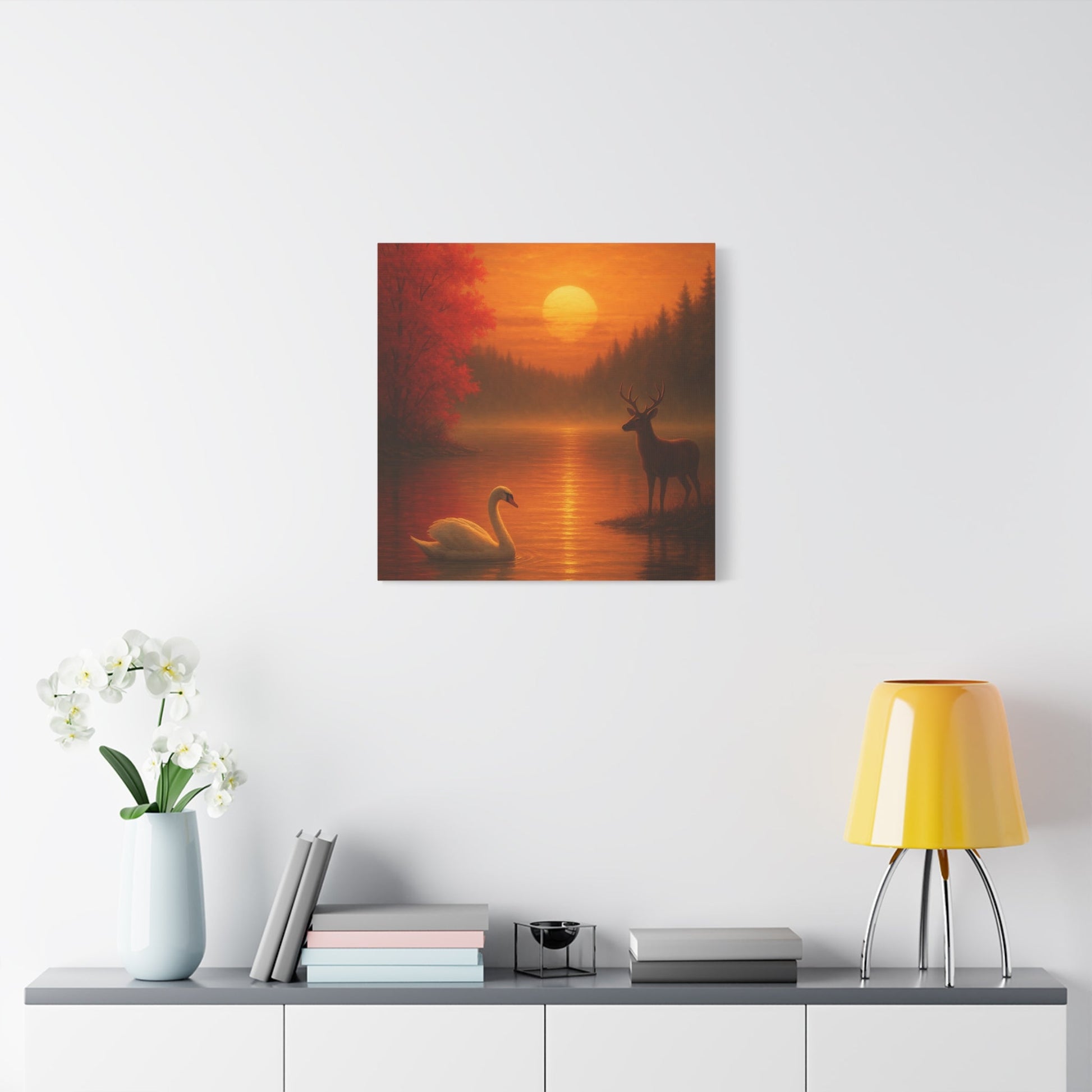 Dusk on the Autumn Lake Sunset canvas wall art with swan, deer, and fiery sun over misty lake surrounded by autumn trees
