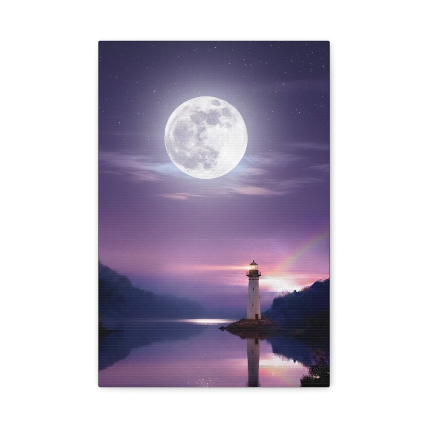 Canvas wall art depicting a serene lighthouse under a full moon reflected on a calm lake in violet and indigo tones