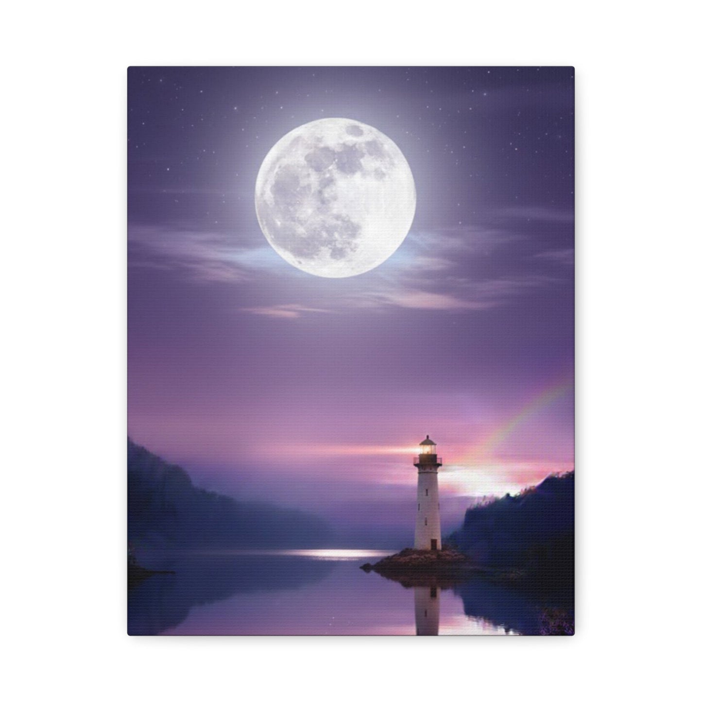 Canvas wall art featuring a serene lighthouse under a full moon reflecting on a calm lake in violet and indigo tones