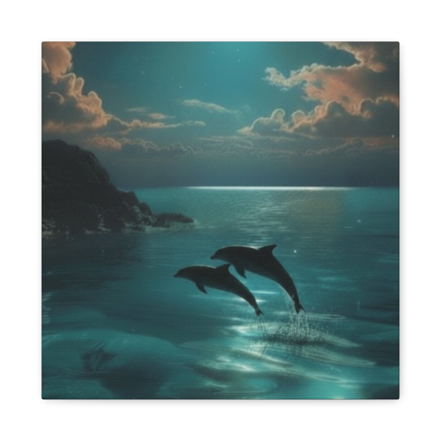 Dolphins in Turquoise Moonlit Ocean Canvas Wall Art