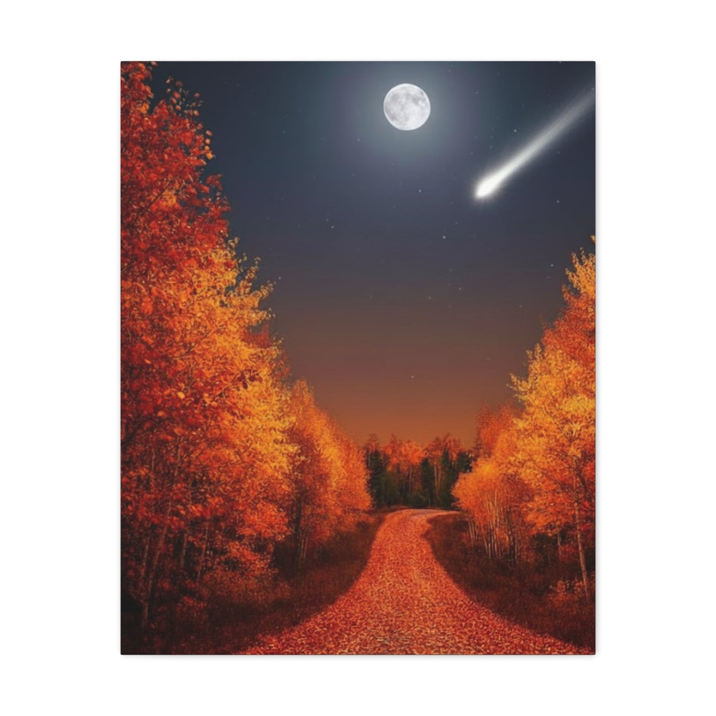 Canvas wall art of autumn forest road under full moon with shooting star and vibrant fall foliage