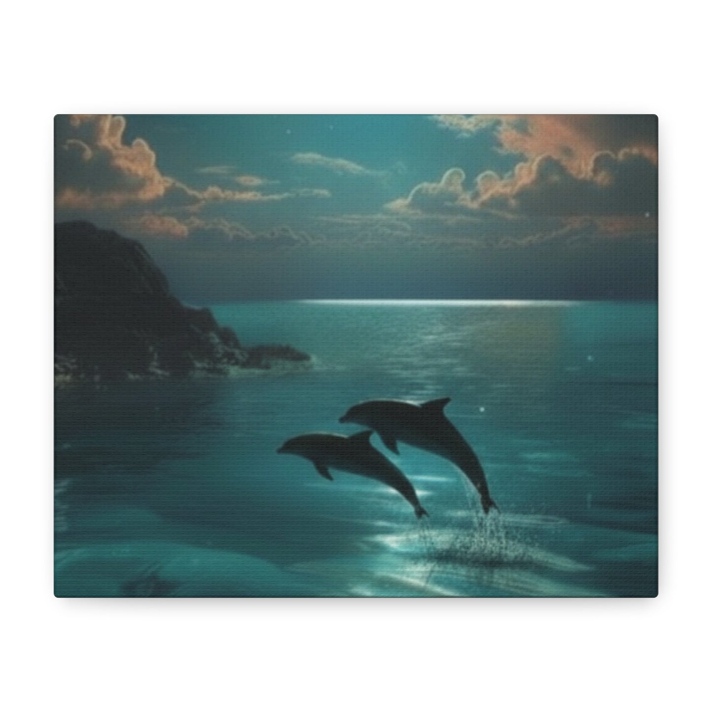 Playful Dolphin Moonlight Canvas Print — Tranquil Ocean Wall Art