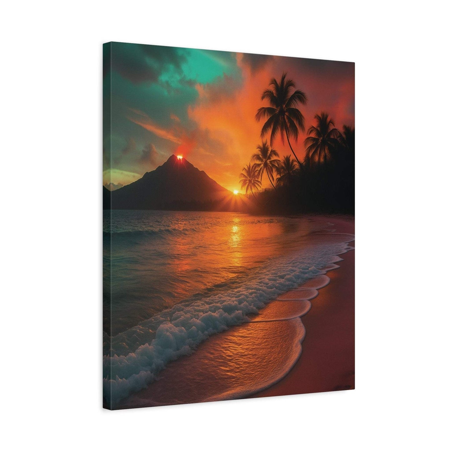 Canvas wall art of lava flowing with sunrise reflecting on ocean and palm trees at beach