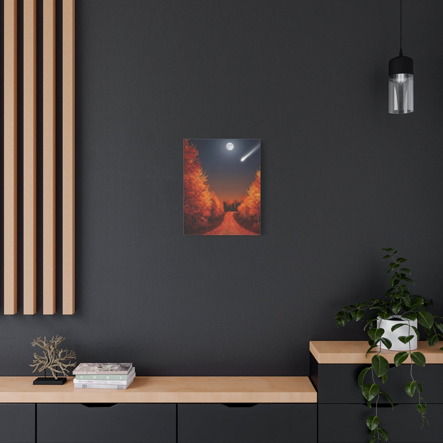 Canvas Wall Art featuring autumn forest road under moonlight with shooting star on dark wall