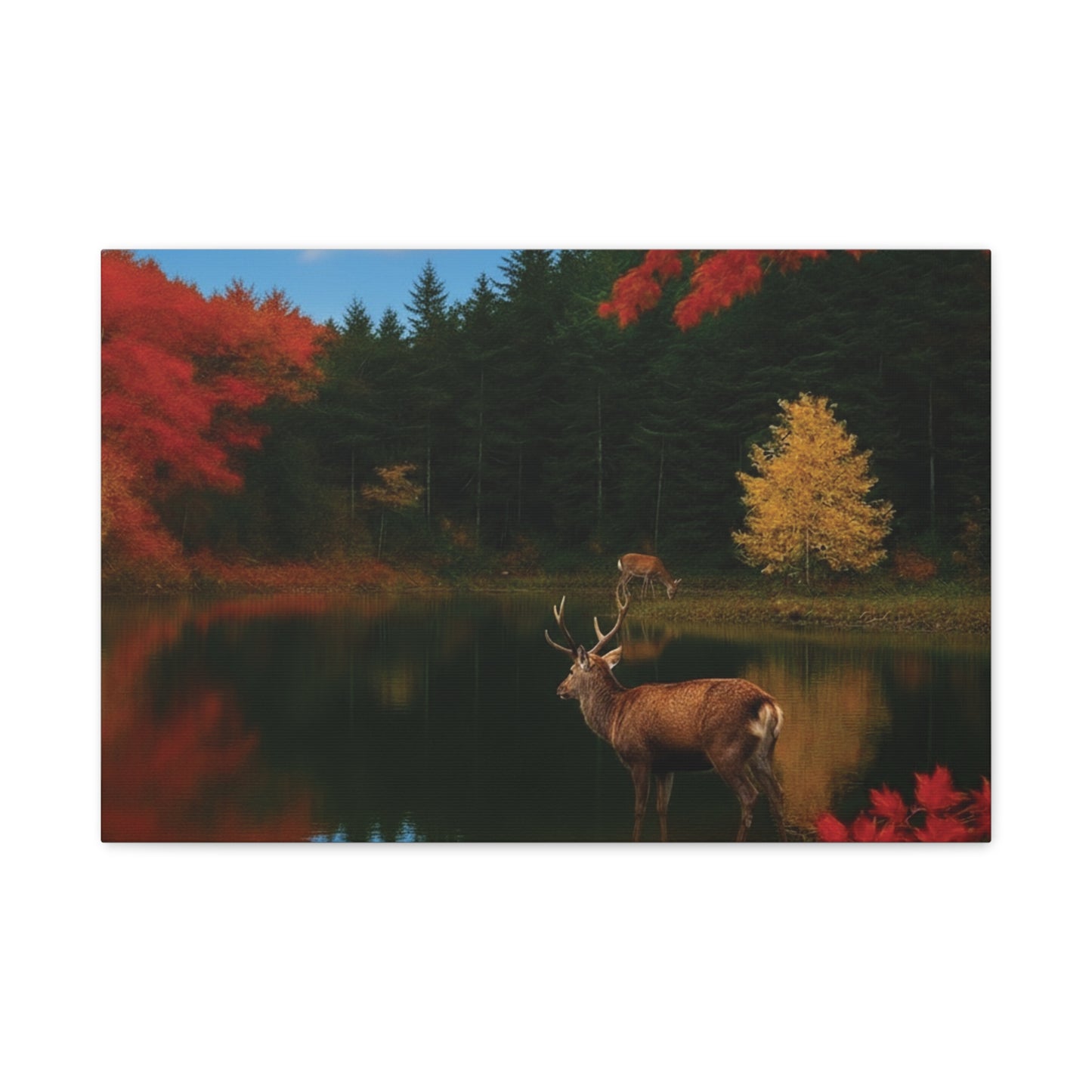 Autumn foliage and Deer by the lake Canvas wall art print