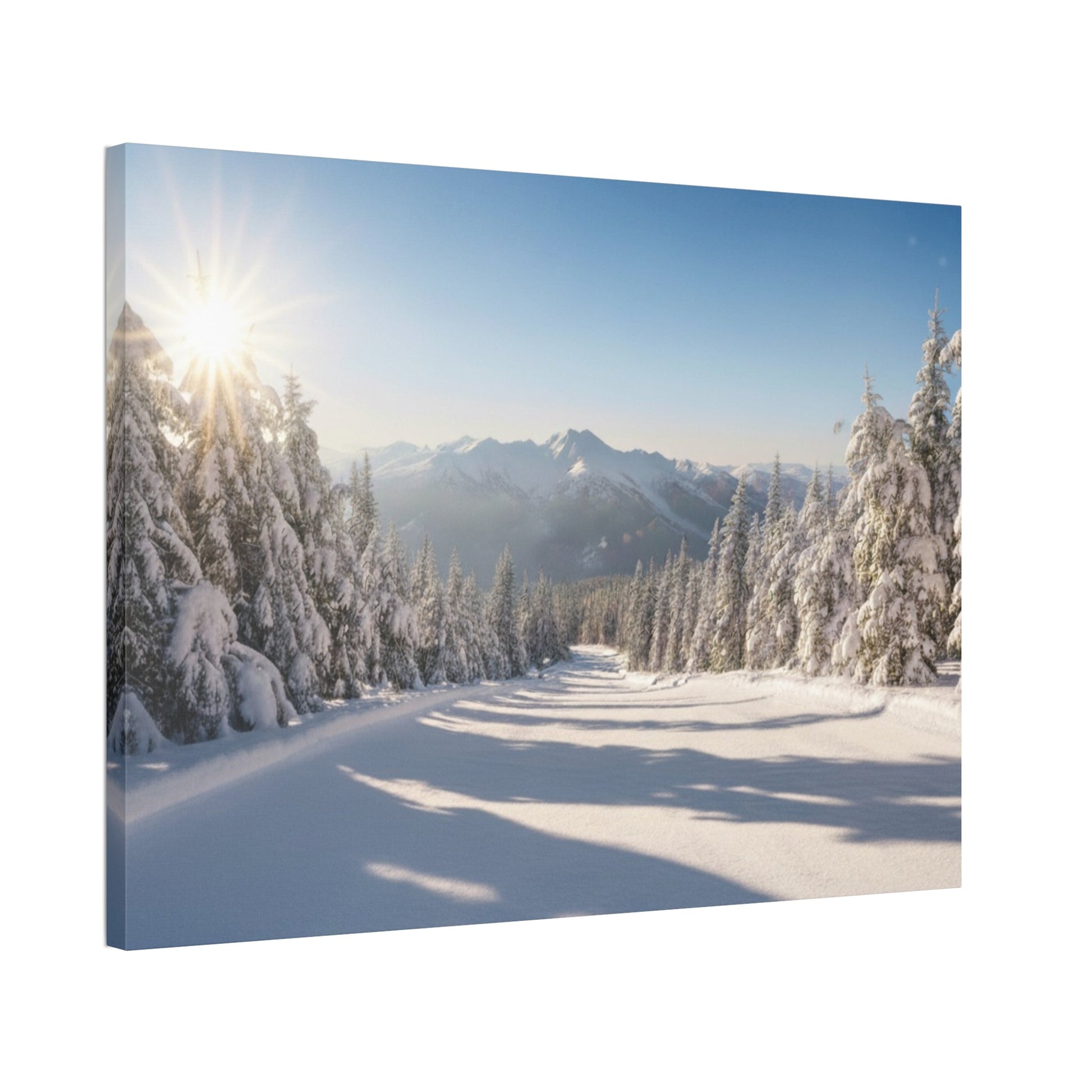 Canvas wall art depicting a tranquil snowy trail through pine trees with sunlight and distant mountains
